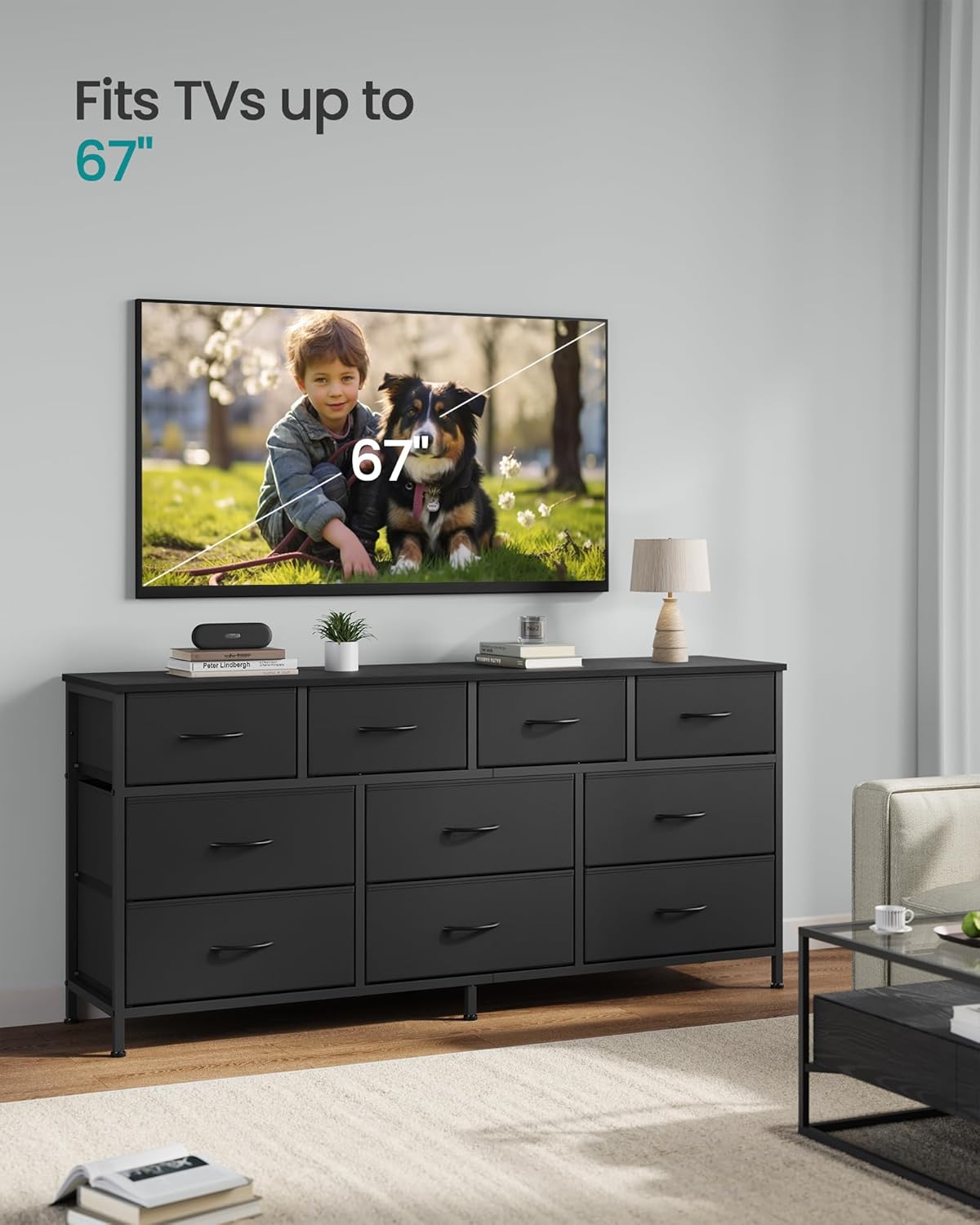 SONGMICS BELLAH Collection - Dresser for Bedroom, Chest of Drawers, TV Stand for TVs Up to 65 Inches, Living Room, Closet, 10 Drawers, Modern, Ink Black ULGS334BH02S