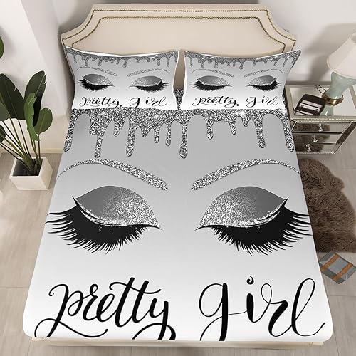 Erosebridal Sábana bajera ajustable de pestañas grises de unicornio, tamaño individual, para niños, niñas y mujeres, juego de ropa de cama con