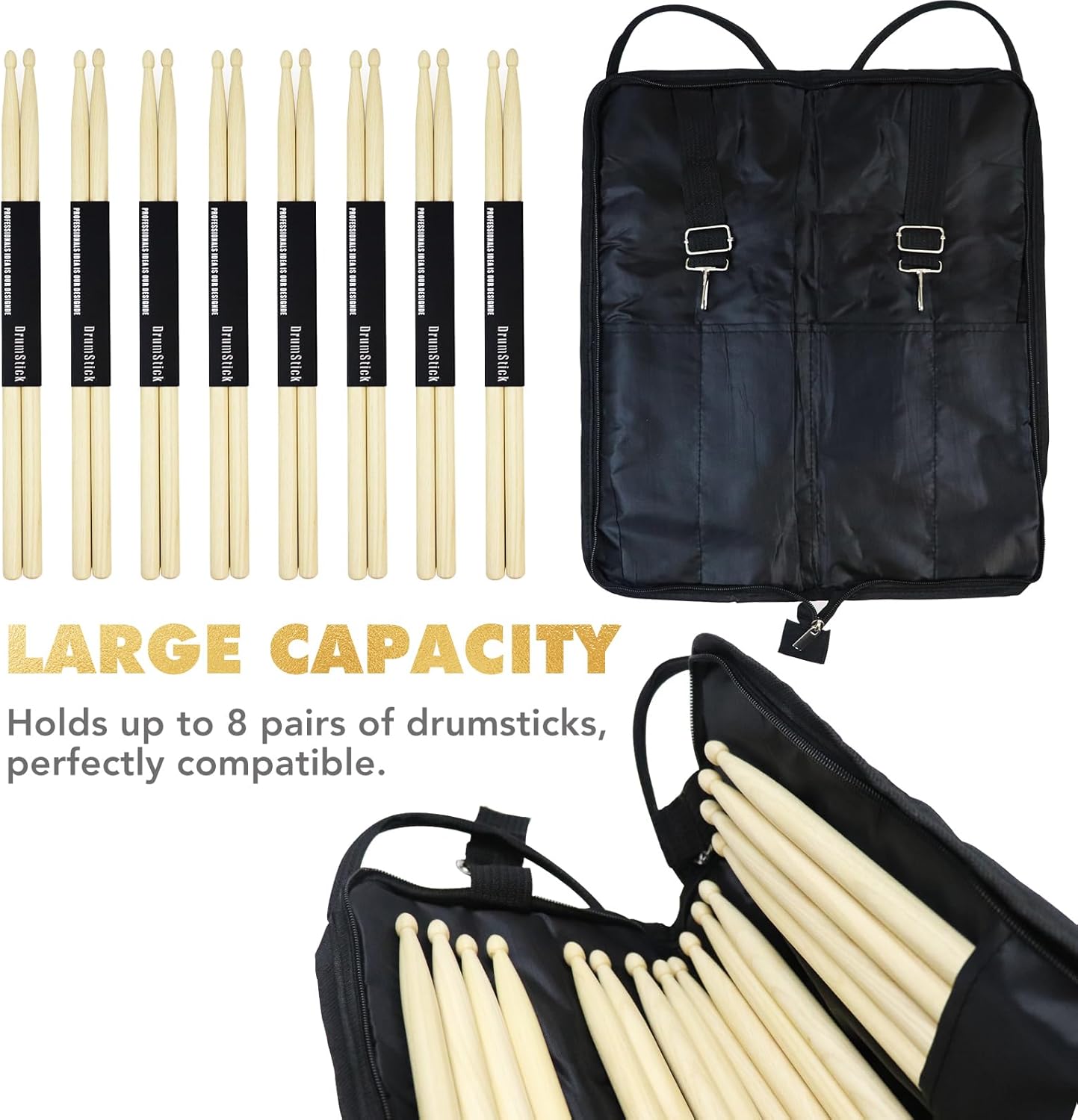 Hickory 5A Drum Sticks with Drumsticks Bag Set, 8 Pairs Wood Drumsticks with Wood Tip for Drum Set + Oxford Fabric with Crossbody Shoulder Strap Wear-Resistant Hangable Portable Drum Stick Bag