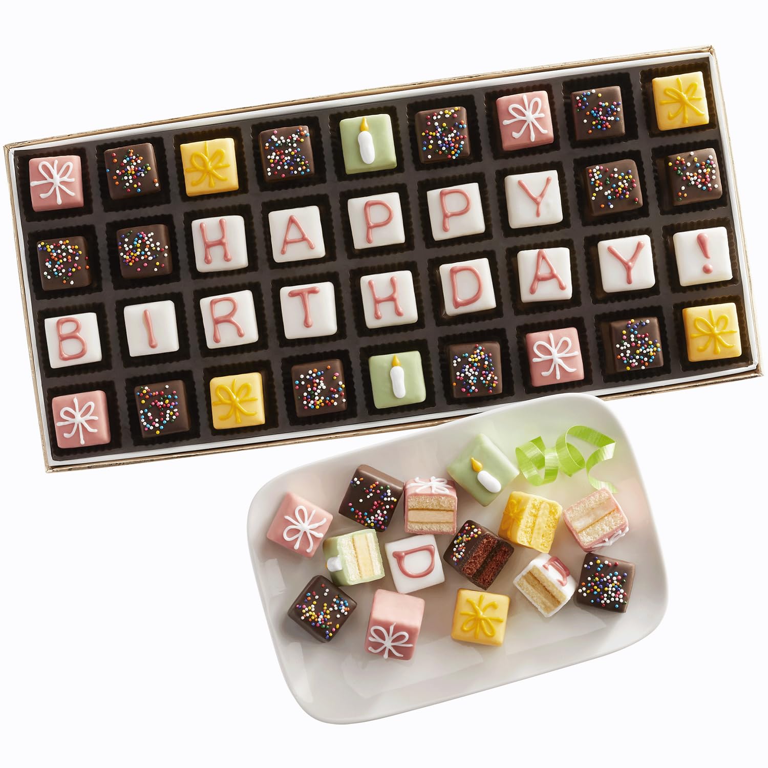 The Swiss Colony Mini Pastel Birthday Petits Fours - 36 Mini Layer Cakes Assorted in Chocolate, Lemon, and Vanilla, Gourmet Desserts for Celebrations - .25 oz. Each