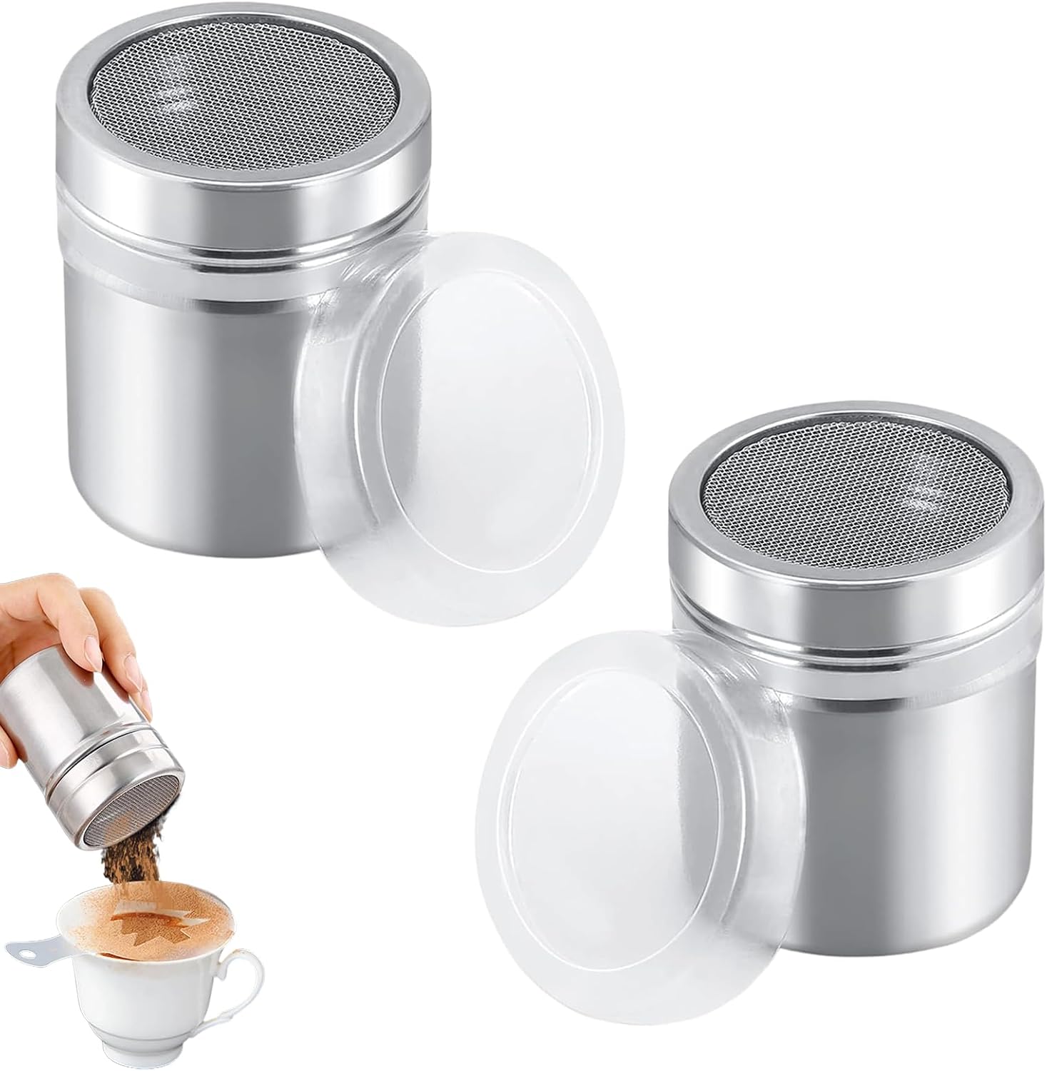 Set of 2 icing sugar shakers stainless steel shakers dusting sugar shakers icing sugar shakers with food storage lid cocoa shaker cappuccino chocolate shaker flour shaker for cocoa coffee chocolate sugar salt flour