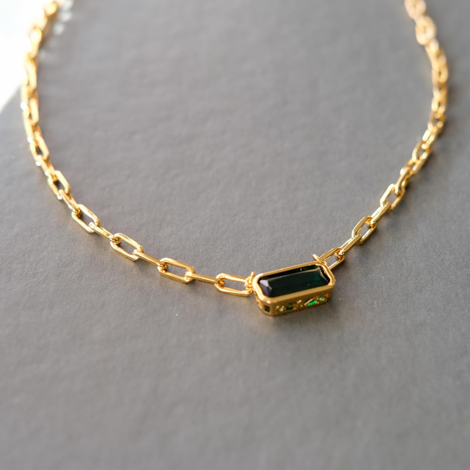 Emerald-Cut Pendant Necklace | Paperclip Gold Link Chain Green CZ Solitaire Pendant Necklace | East West Bezel Set Charm 17+2'' - Image 7