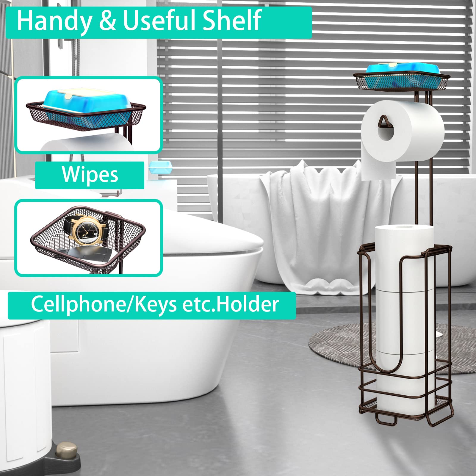 ZCCZ - Toilet Paper Holder Stand - Free Standing Toilet Paper Holder - Bathroom Toilet Paper Holder - Tissue Holder for Bathroom with Shelf (Bronze)