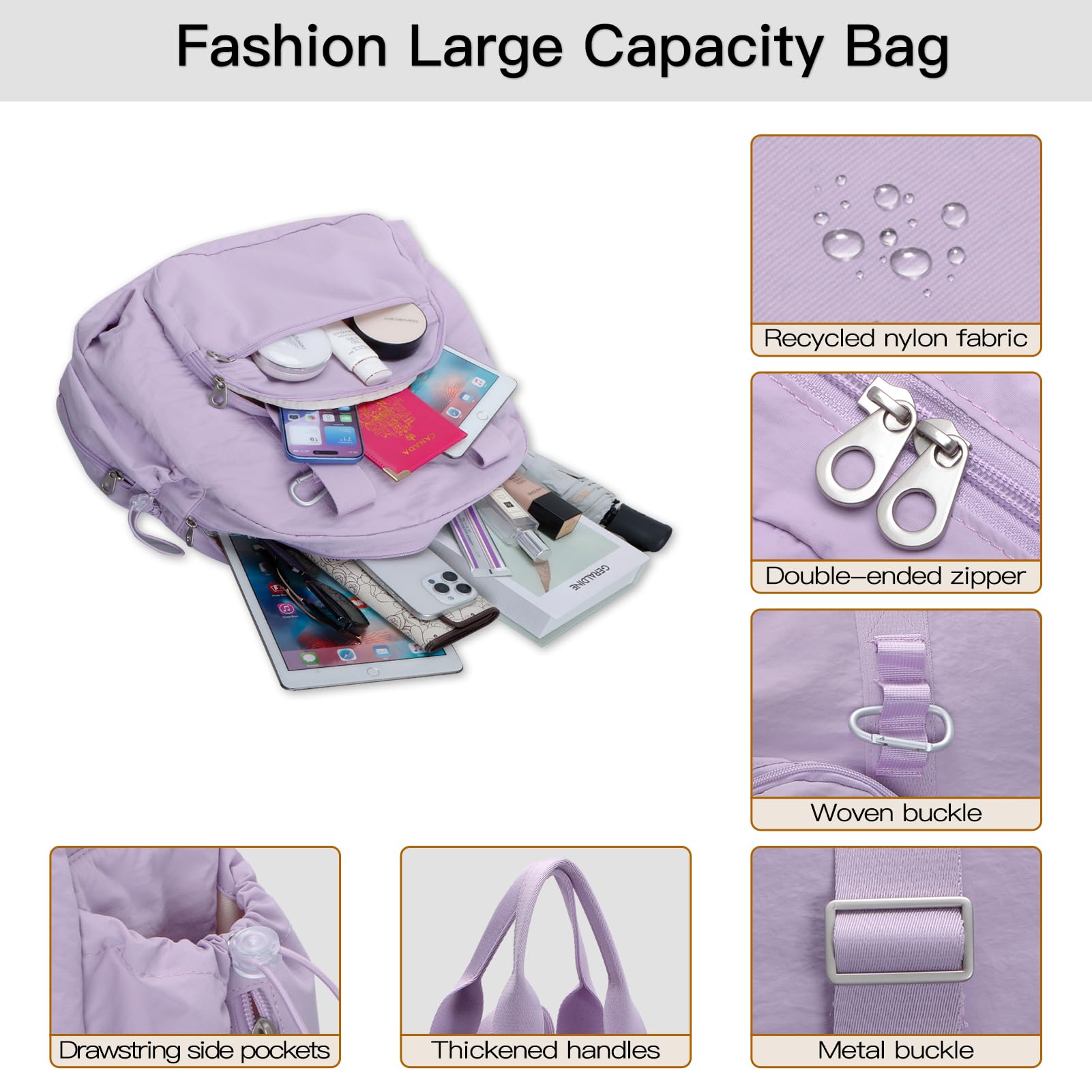 HUA ANGEL Sac Multifonctionnel Femme Nylon Recyclé Grande Capacité avec Compartiment Humide pur Voyage, Yoga, Gym et Week-end