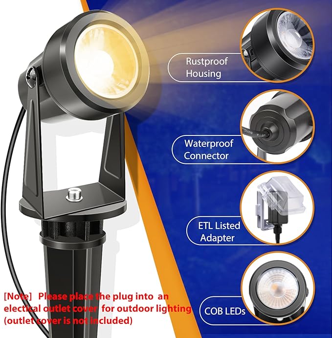 Low Voltage Landscape Lights are outdoor lighting fixtures designed to illuminate and enhance the appearance of gardens, yards, and walkways. The Total 56ft Cable Long Outdoor Landscape Lights come with a waterproof LED spotlight, making them suitable for use in all weather conditions. The warm white 12W small landscaping spotlights provide a soft and inviting glow to create a cozy atmosphere in outdoor spaces.