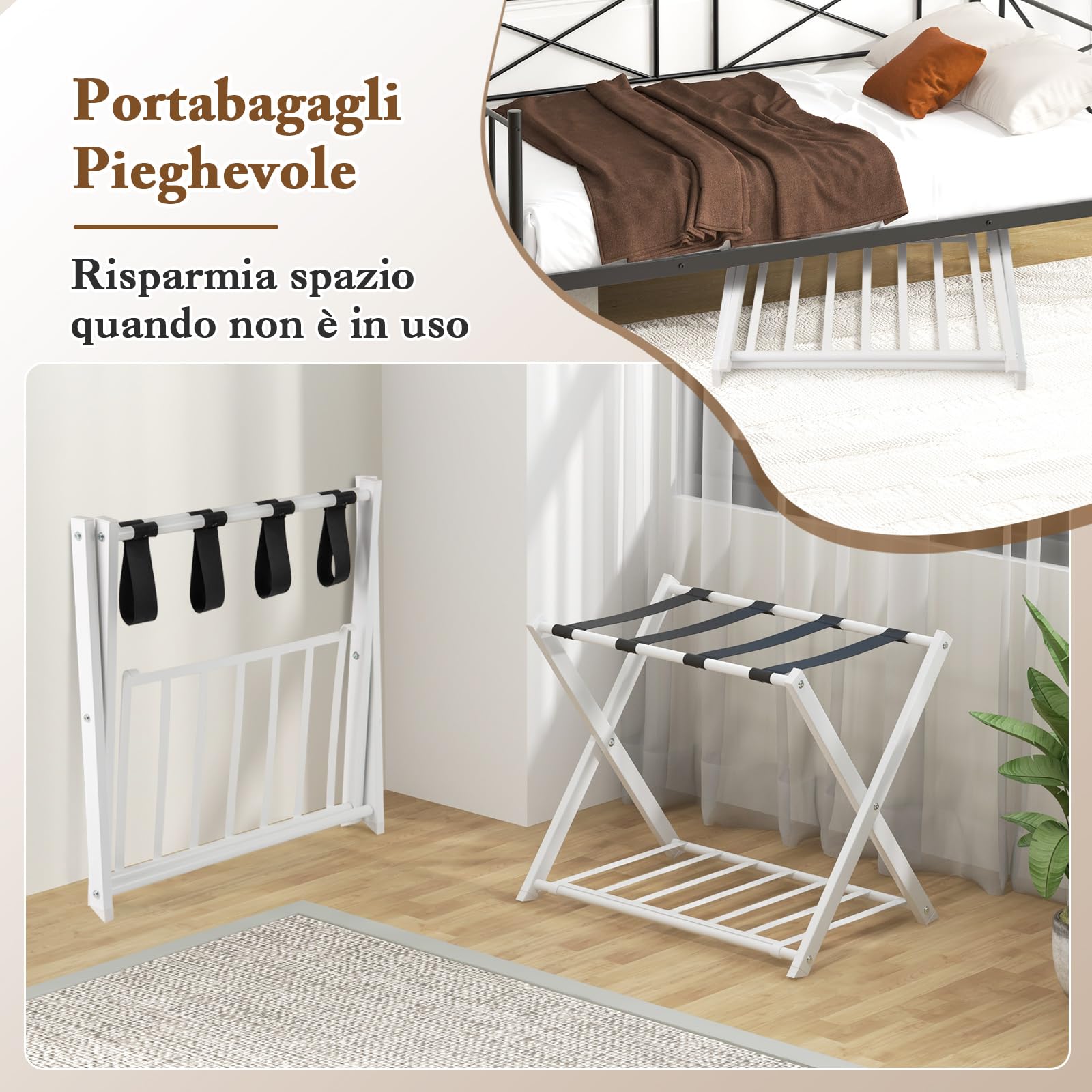 COSTWAY Portavaligie Pieghevole a 2 Ripiani, Cavalletto da Valigie in Metallo 68x43x56 cm Bianco