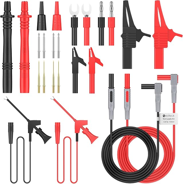 Neoteck Test Leads 24 Pcs Multimeter Test Leads Electronic Test Leads Accessories Kit with Banana Plugs Interchangeable Probe Tips and Alligator Clips for Multimeters Electricians School Lab