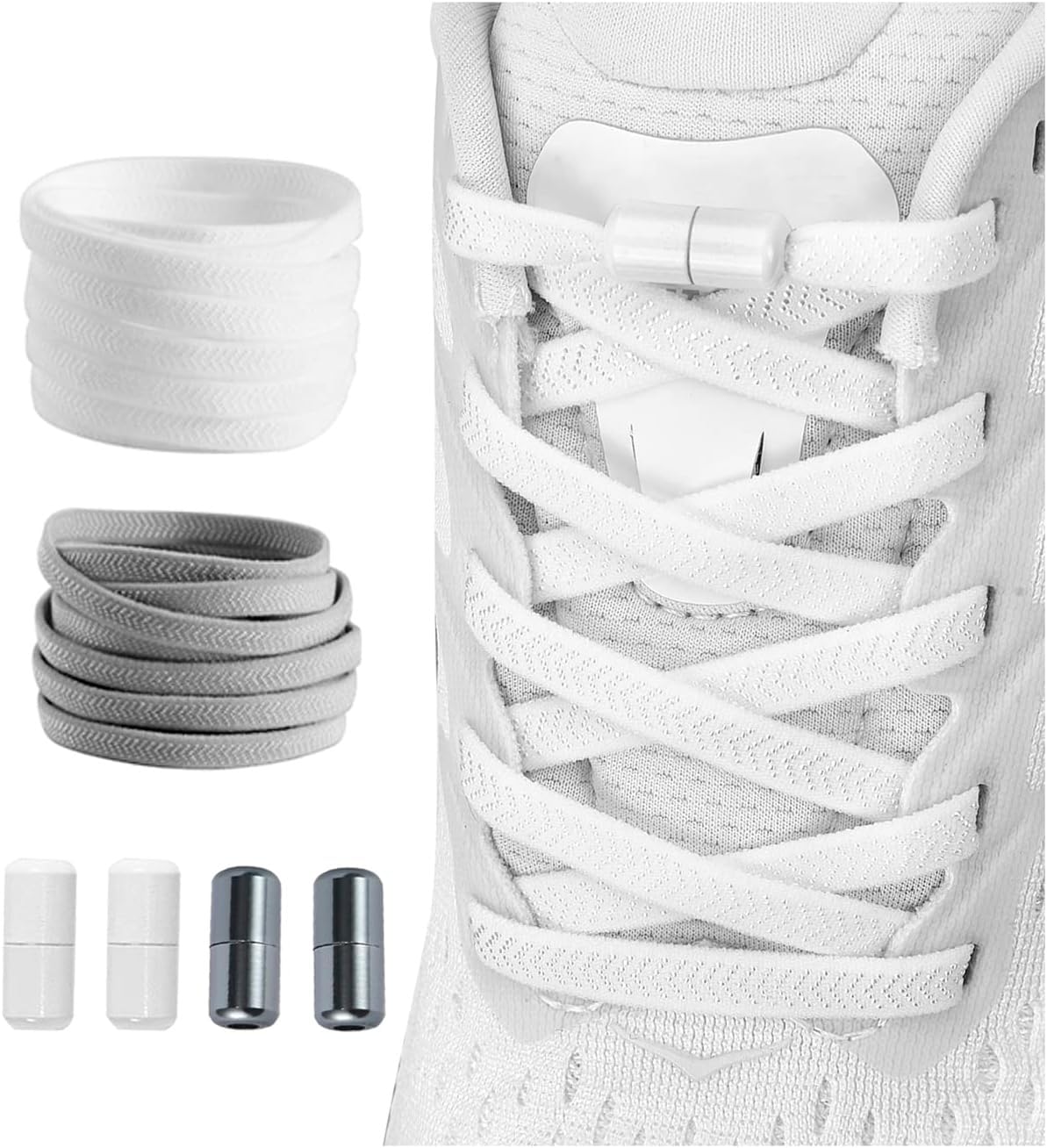 Shecret Elastische Schnürsenkel mit Metallkapsel, 2 Paar Einstellbare Schnürsenkel Ohne Binden, Schnellschnürsystem Schnürsenkel-Set für Läufer, Kinder und ältere Menschen