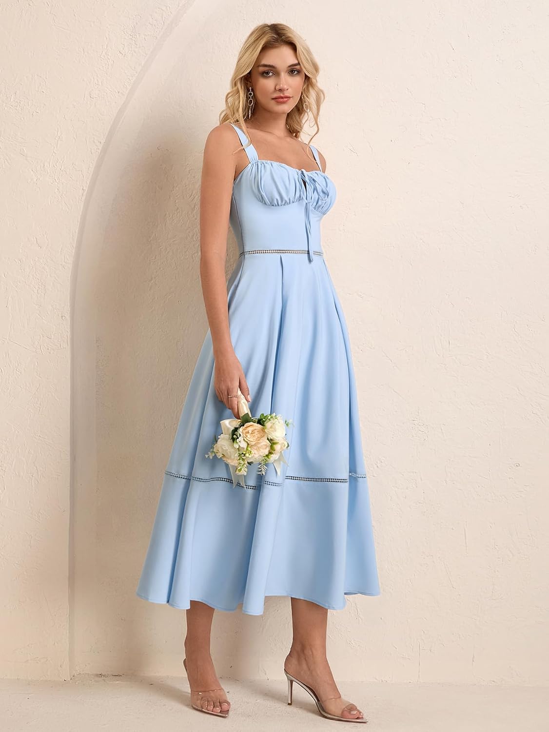 KUTUMAI Floral Corset Midi Dress Lace Up Cutout Flowy Summer Wedding Guest Dresses for Women Sundress with Pockets - Image 3