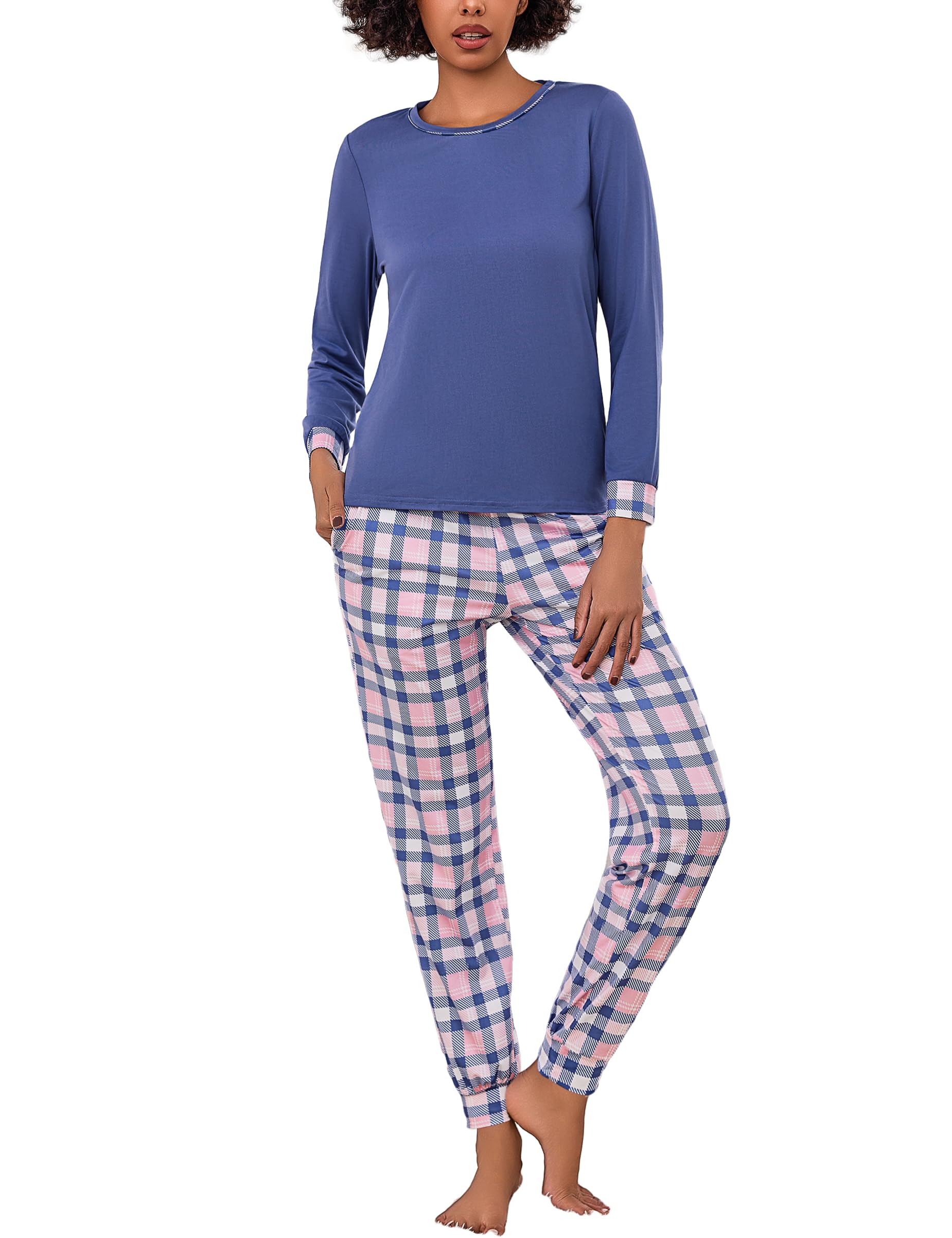 Litherday dames lange katoenen winterpyjama set warme slaapkleding lange mouwen nachtkleding tweedelig sleepwear en pyjamabroek met zak, donkergrijs, XL