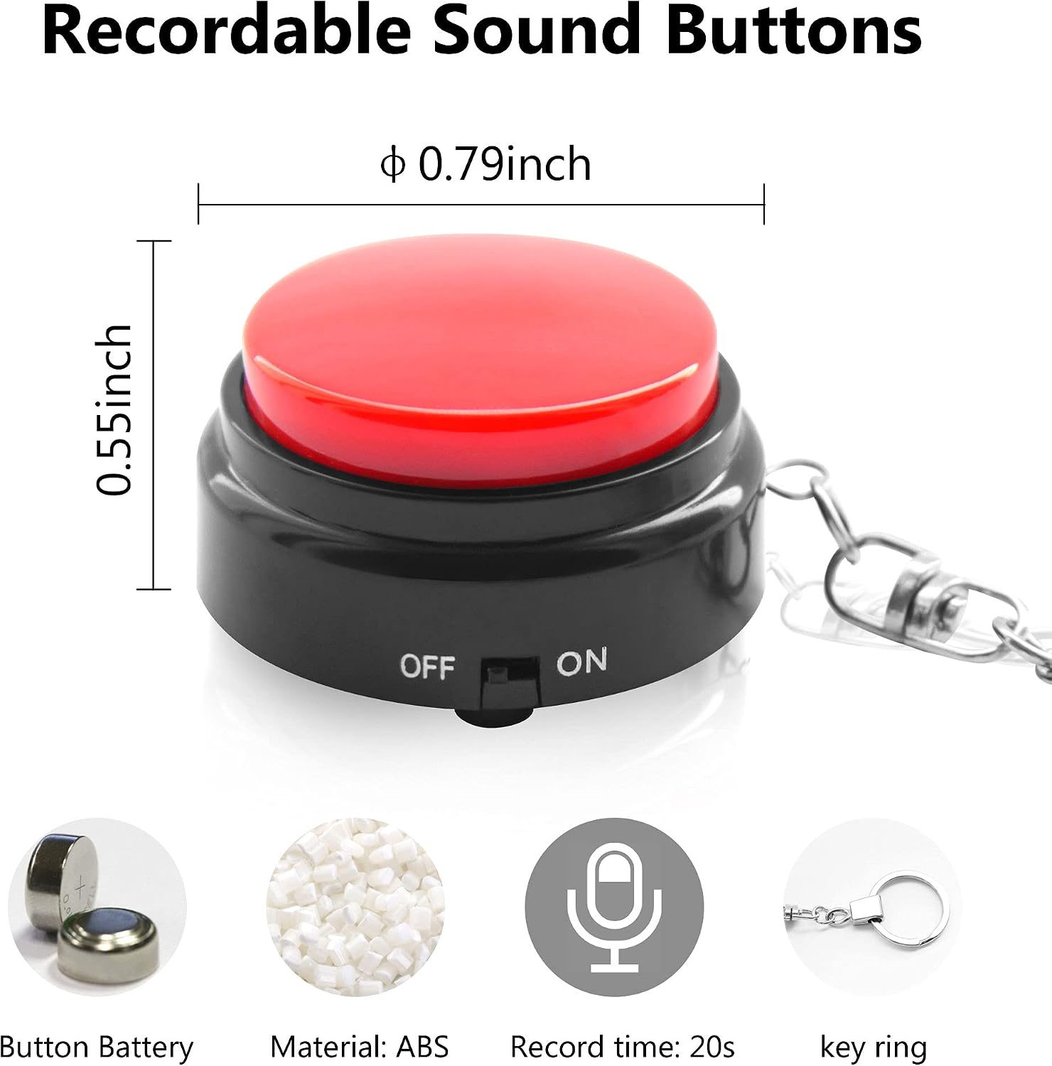 Recordable Talking Button with Keychain, 20s Voice Recording Time Sound Button Answer Buzzers Funny Buttons Record Your Own Words Also Used for Dog Pack of 4 - Red and Black (Battery Included)