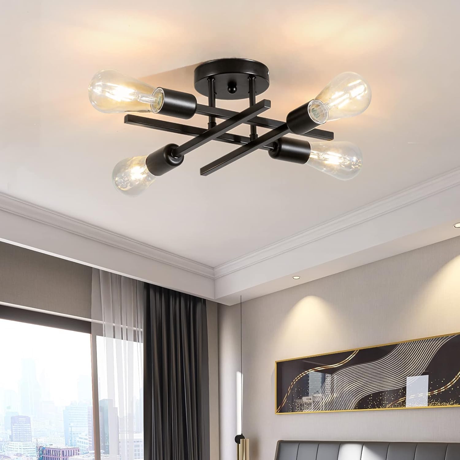 KEPHTH Industrial 4-Light Sputnik Chandelier Light Semi Flush Mount Ceiling Light Fixture Black Chandelier Ceiling Light with E27 Base for Porch Bedroom Hallway Kitchen Farmhouse(Bulb Not Included)