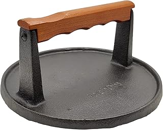 Mr. Bar-B-Q 06681Y Cast Iron Grill Press | Pre-Seasoned Base & Hardwood Handle Burger Cooks Food Evenly Ridges on Bottom Keeps in Contact with Surface 7 Inch Press, Black