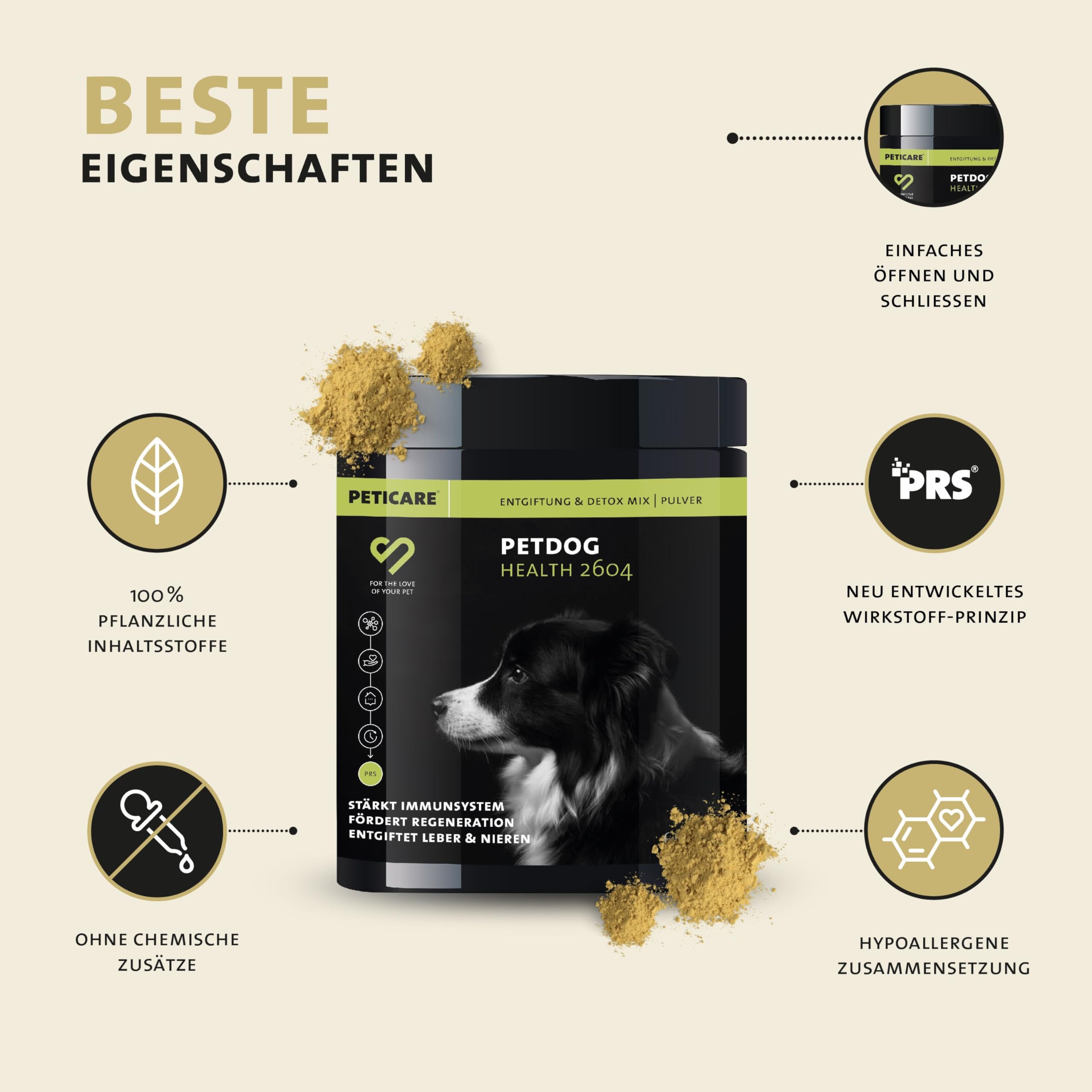 Peticare PetDog Health 2604 Poudre de détoxification pour chiens | Formule nettoyante soutient le foie et les reins, favorise la digestion et le système immunitaire | Avec chardon-Marie, MSM |