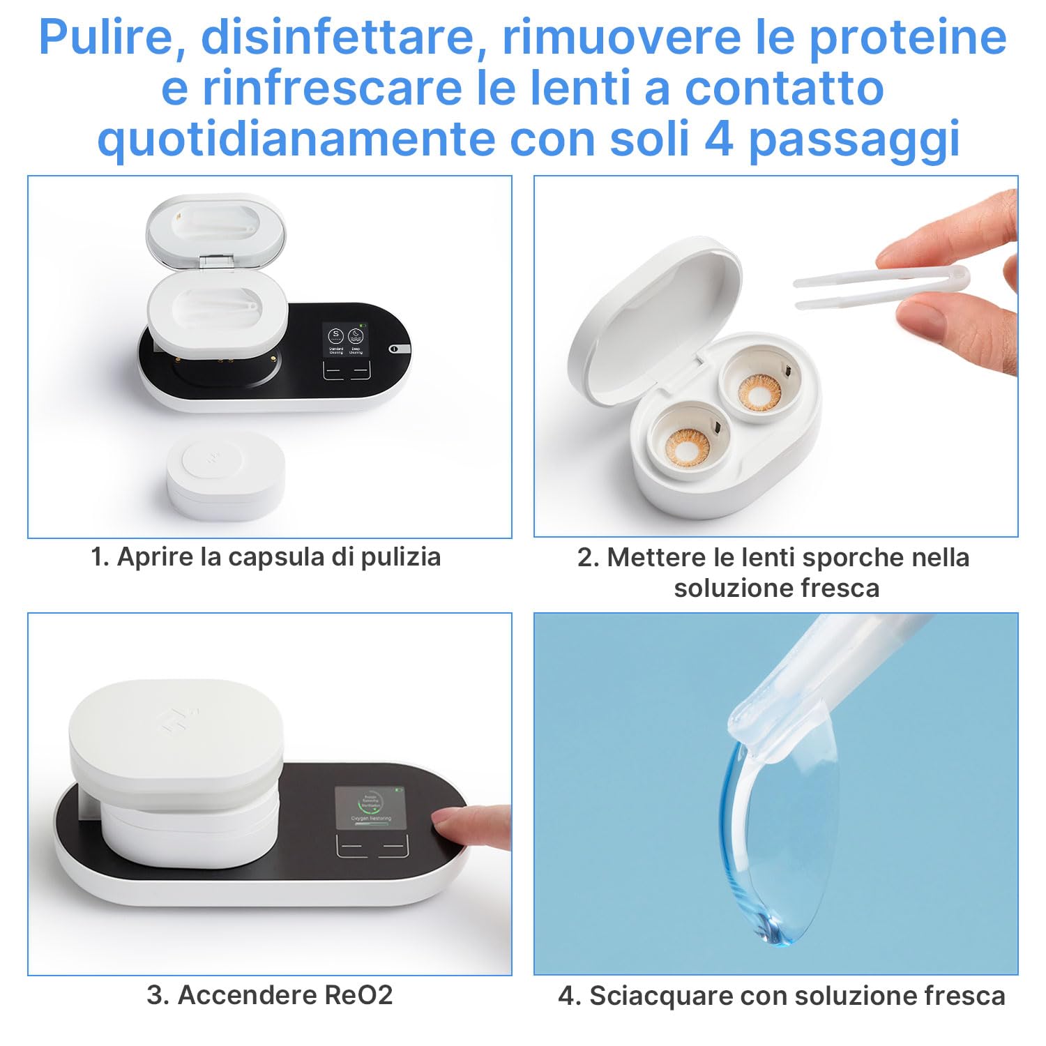 3n ReO2 Detergente per Lenti a Contatto, Tecnologia di Elettroforesi, con Specchio e Pinzetta, Pulizia Profonda per Lenti Morbide, Lenti a Contatto a Lungo Termine e Colorate, Non a Ultrasuoni (Bianco