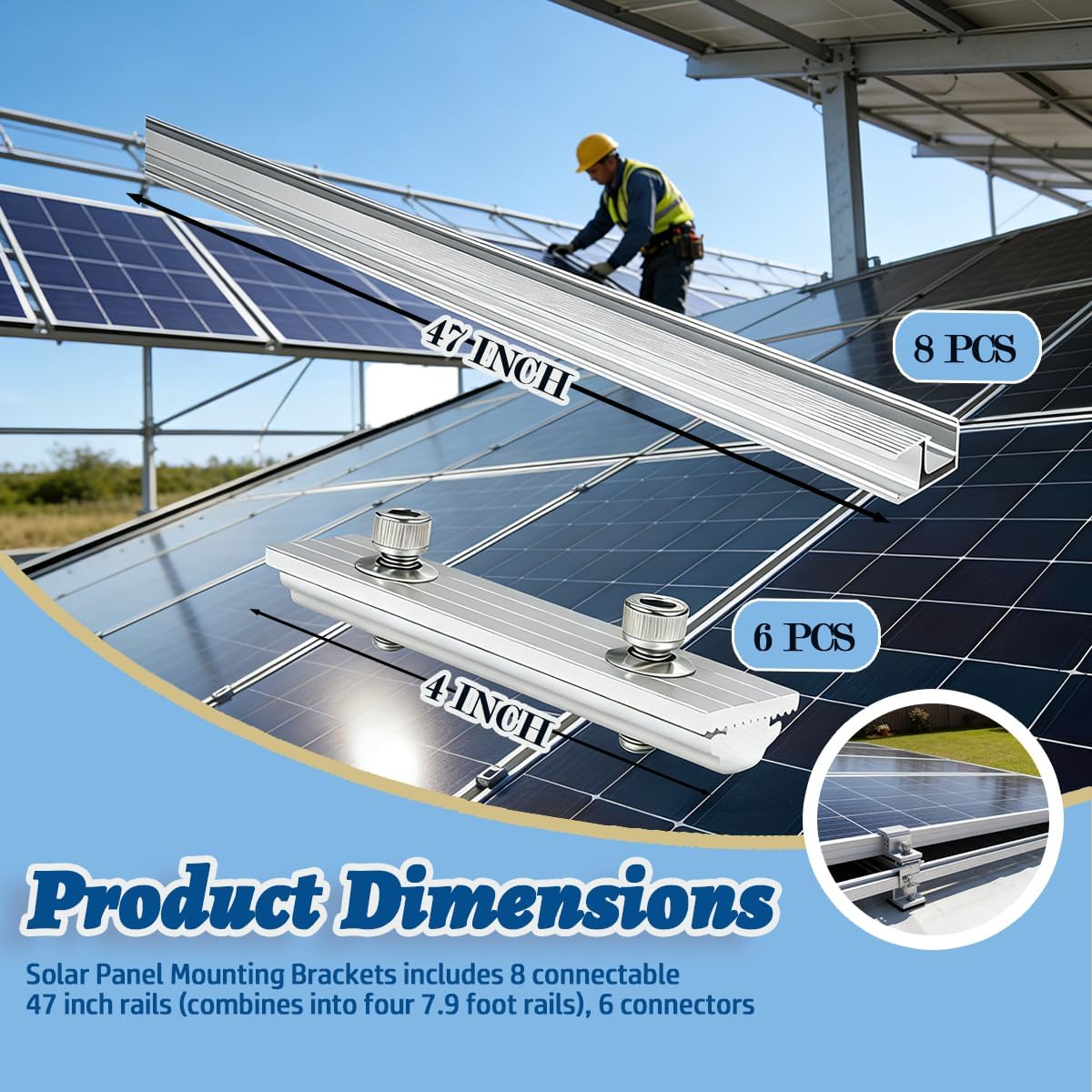 Solar Panel Mounting Kit Include 8 Pcs 47 Inch Rails,Solar Panel Mounting Brackets for 5 Solar Panels,Solar Panel Mount for Installation on Wooden Roofs,Concrete Roofs,Metal Roofs and Tile Roofs