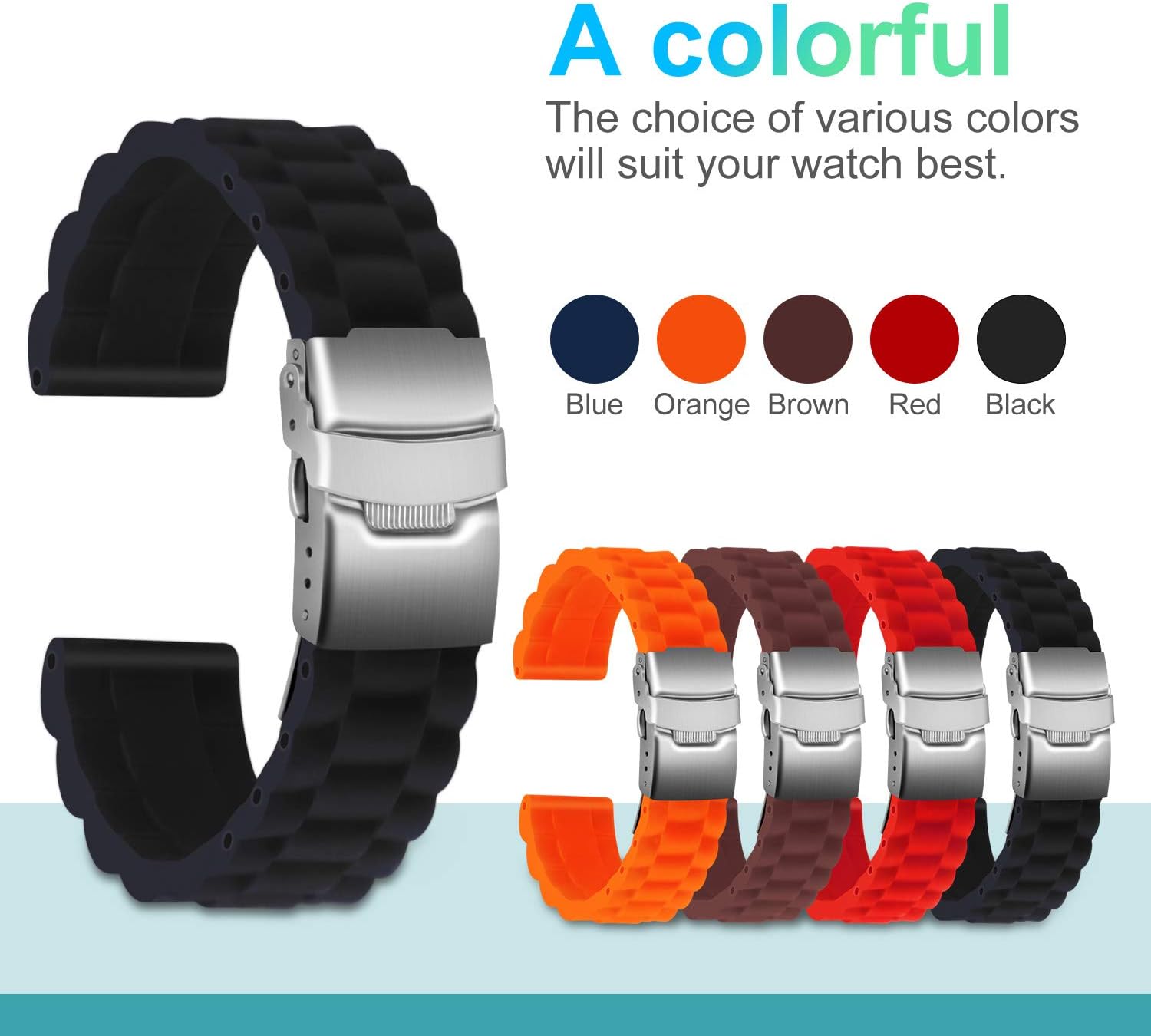 ULLCHRO Silicone Watch Strap Replacement Rubber Watch Band Waterproof Link Pattern - 16mm, 18mm, 20mm, 22mm, 24mm Watch Bracelet with Stainless Steel Deployment Buckle - Image 3