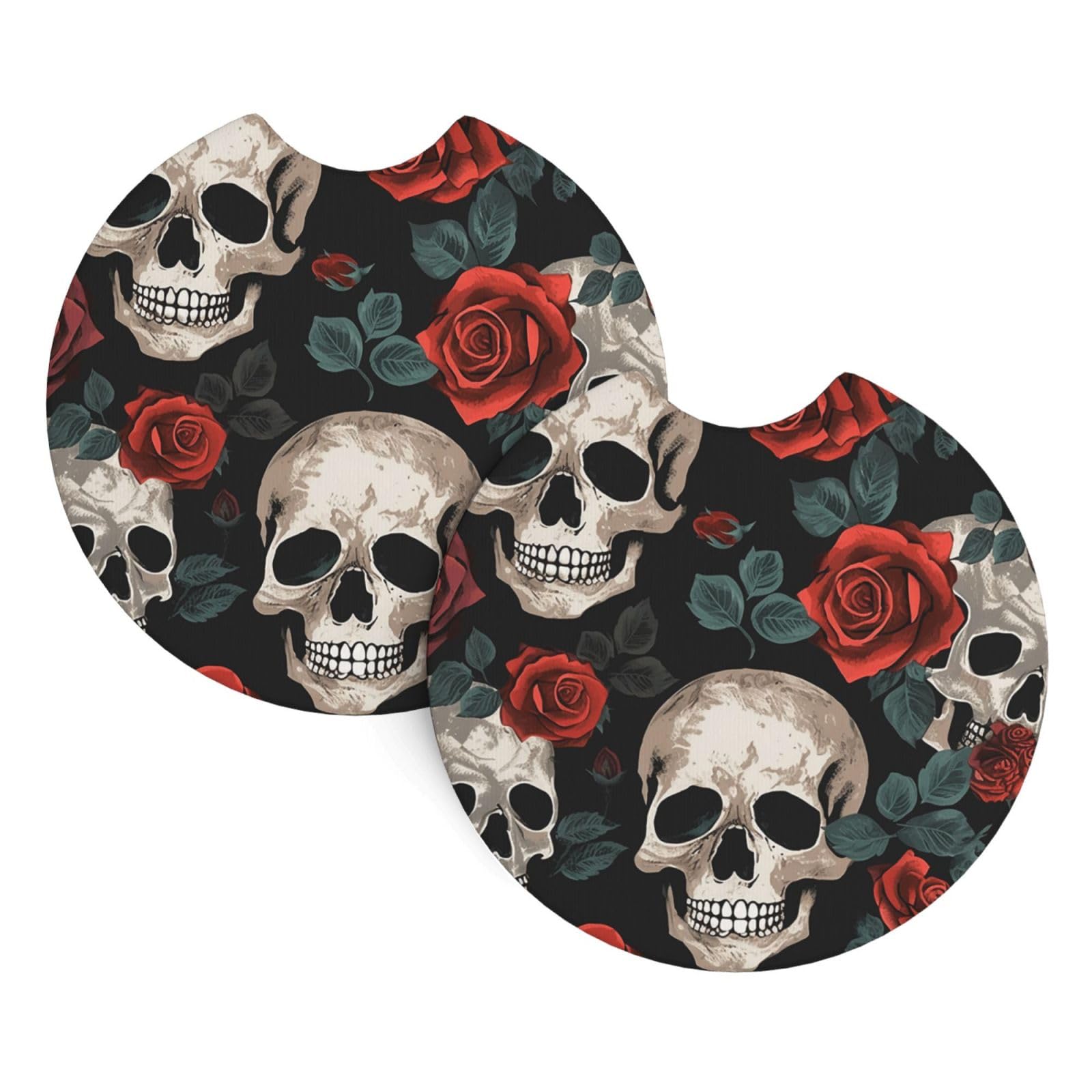 2 Pack Car Coaster for Cup Holders Skulls and Roses Car Cup Coaster 2.7" Neoprene Non-Slip Automotive Cup Mat Universal Auto Car Interior Accessories for Women Men Cup Pad