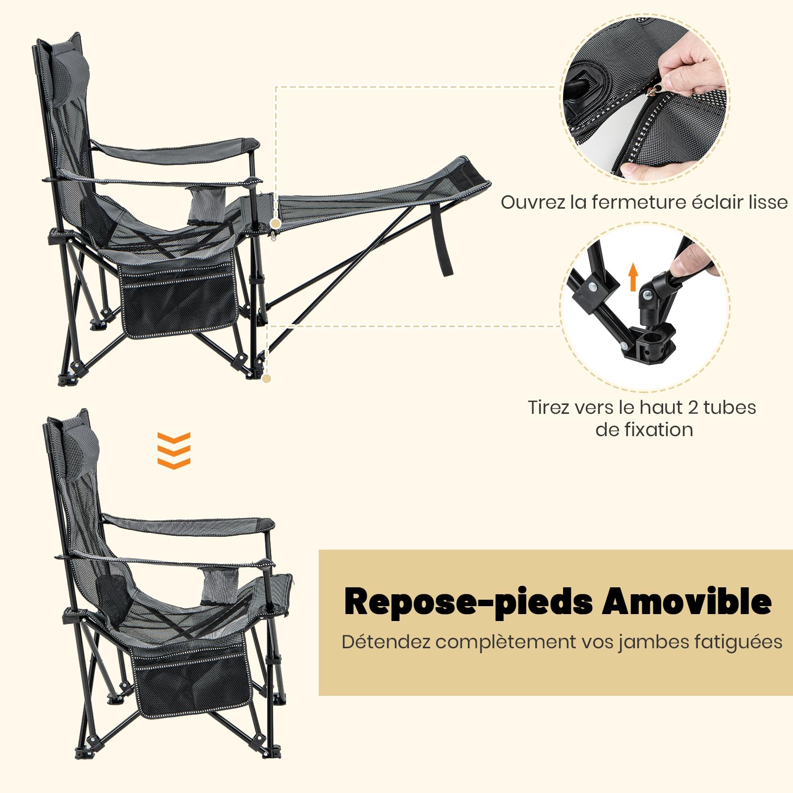 GIANTEX Chaise Pliante Camping 2 en 1, Fauteuil de Camping avec Repose-Pieds Amovible, Dossier Réglable à 4 Positions, Porte-Gobelet & Poche Latérale, Sac de Transport, pour Randonnée, Pêche, Gris