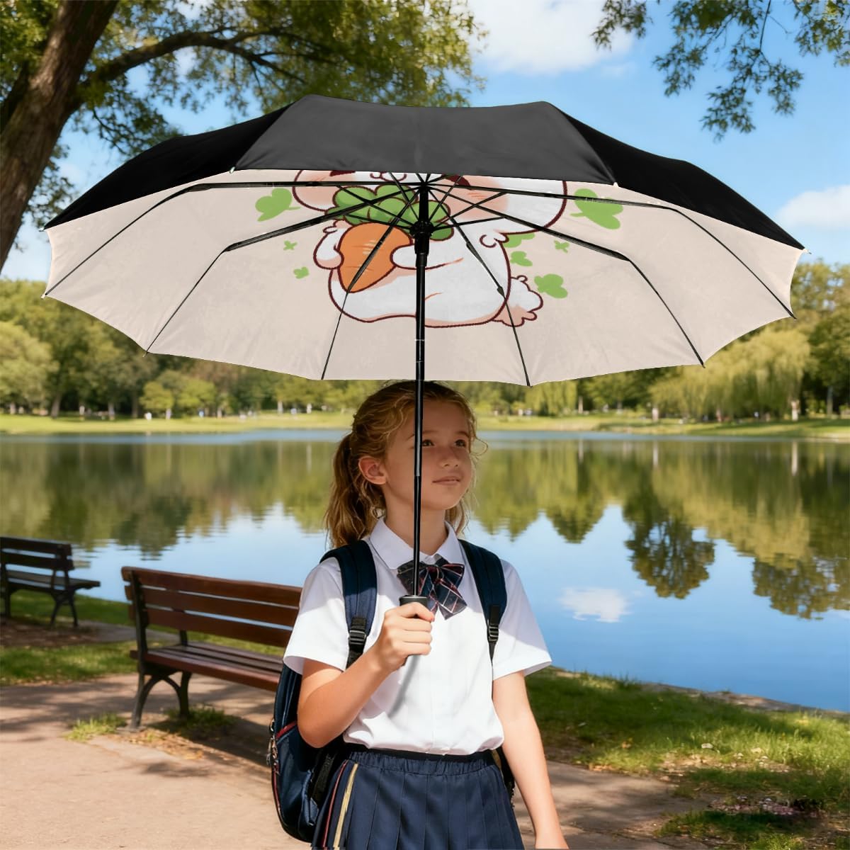 Cute Bunny Carrot Pattern Folding Umbrella Windproof Compact Lightweight Travel Umbrella with 8 Reinforced Ribs, Portable UV Sun & Rain Protection for Men & Women