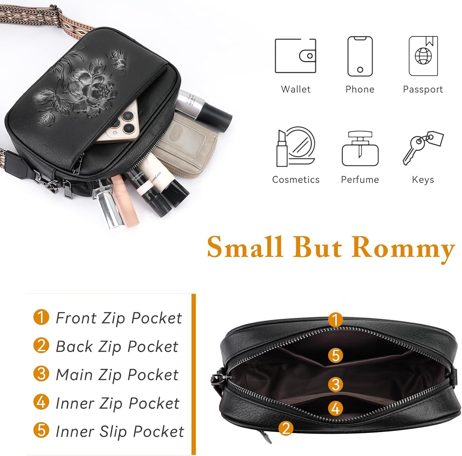 Small Crossbody Purses for Women, Trendy Vegan Leather Crossbody Bag Embossed Travel Shoulder Handbags with Wide Strap - Image 4