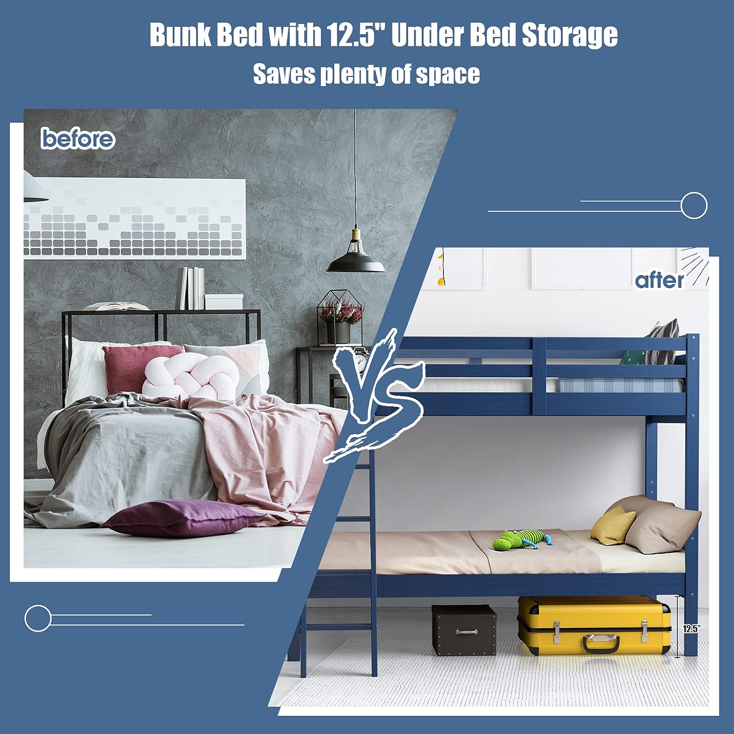 KOTEK Bunk Bed with 12.5 inches of under bed storage space