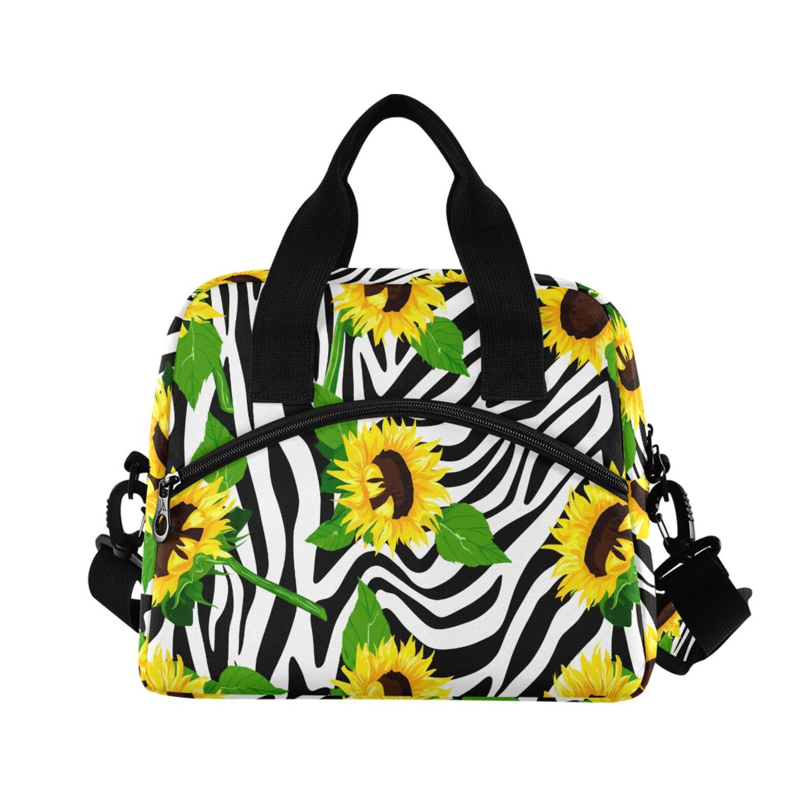 Insulated Lunch Bag Reusable Cooler Sunflower Floral Black Lunch Box Adjustable Shoulder Strap for Adults Men Women
