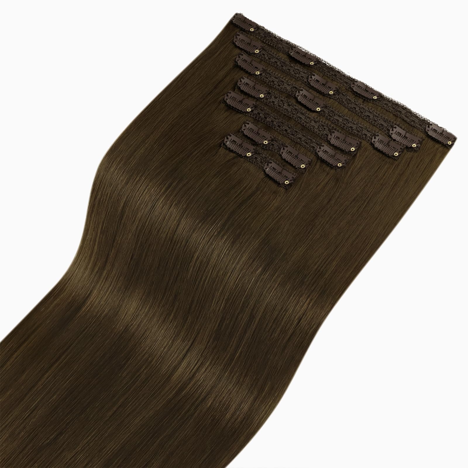 Fshine Extension Capelli Veri Clip 40 cm 120 g 7 pcs Marrone Cioccolato Lisci Umani Remy Naturali Invisibile