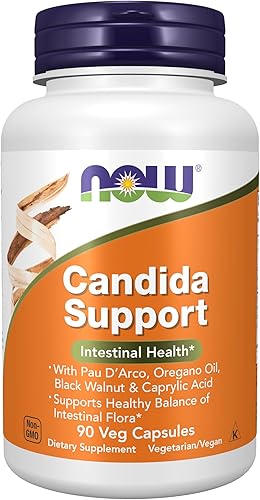 Now Suplementos, Candida Support con Pau D'Arco, aceite de orégano, nogal negro y ácido caprílico, 90 cápsulas de verduras
