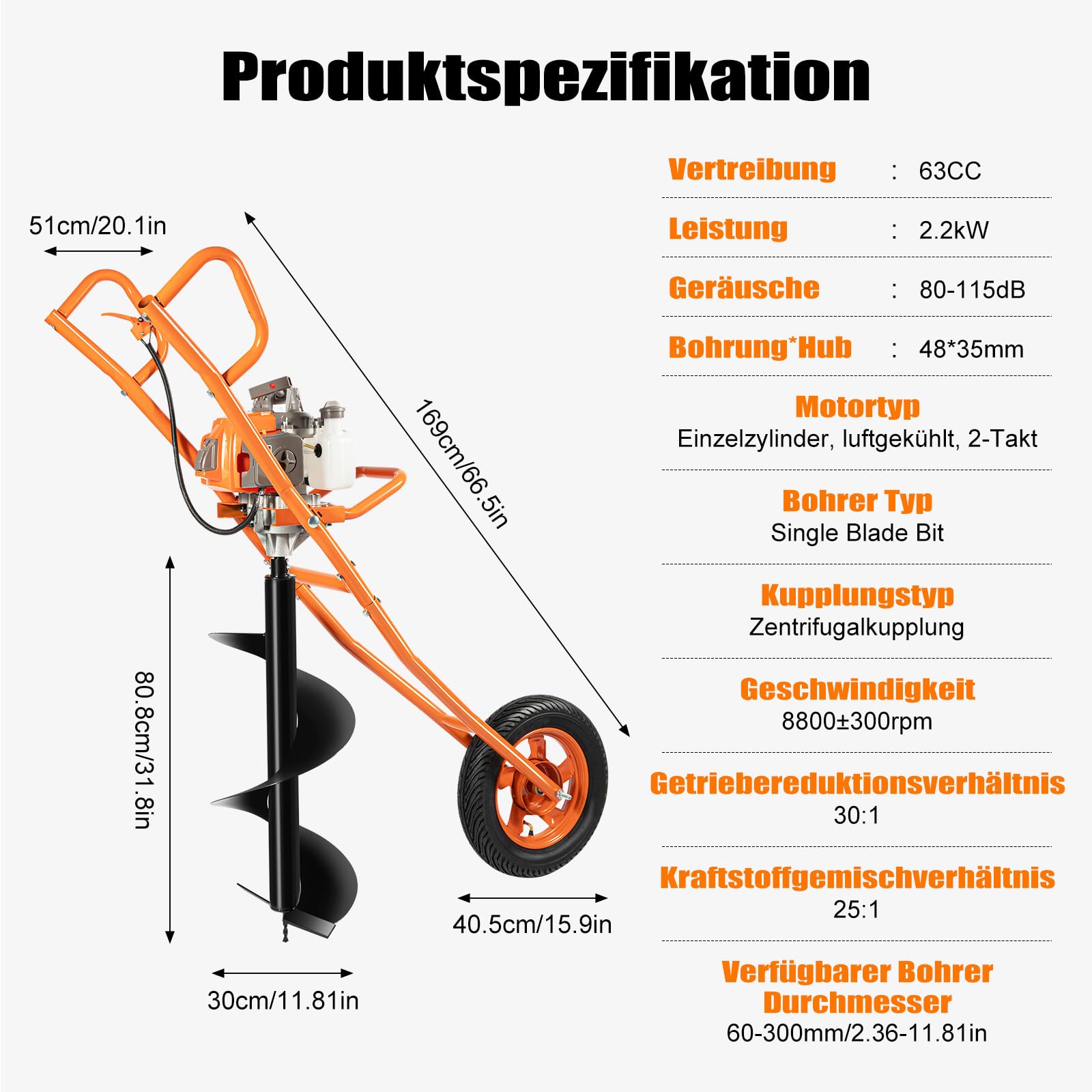Trapano a gas a 2 tempi, con carrello manuale e serbatoio del carburante da 1,3 l, 63 CC 8800 ± 300 rpm, per trapano a benzina singolo, raffreddato ad aria, per trapano Ø 60 – 300 mm, per