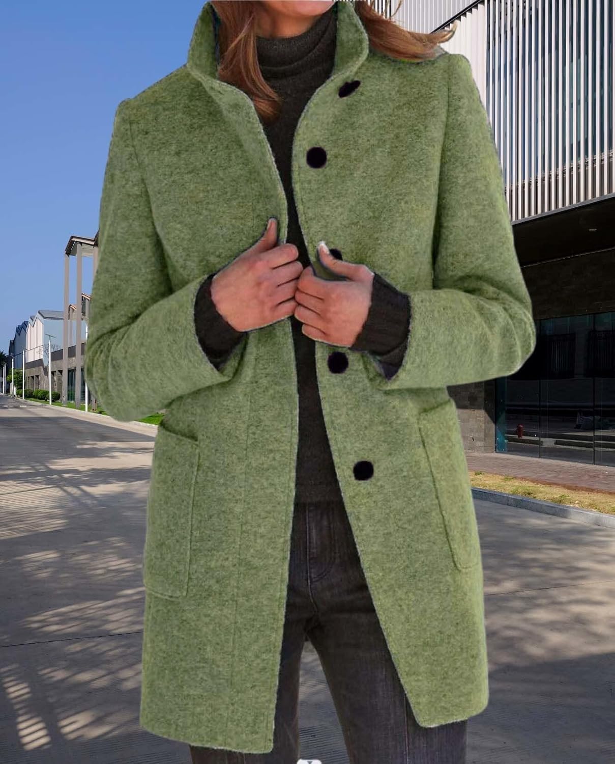 Womens Winter Long Vintage Solid Color Coat Wool Blend Standing Collar Button Thickened Jacket - Image 4