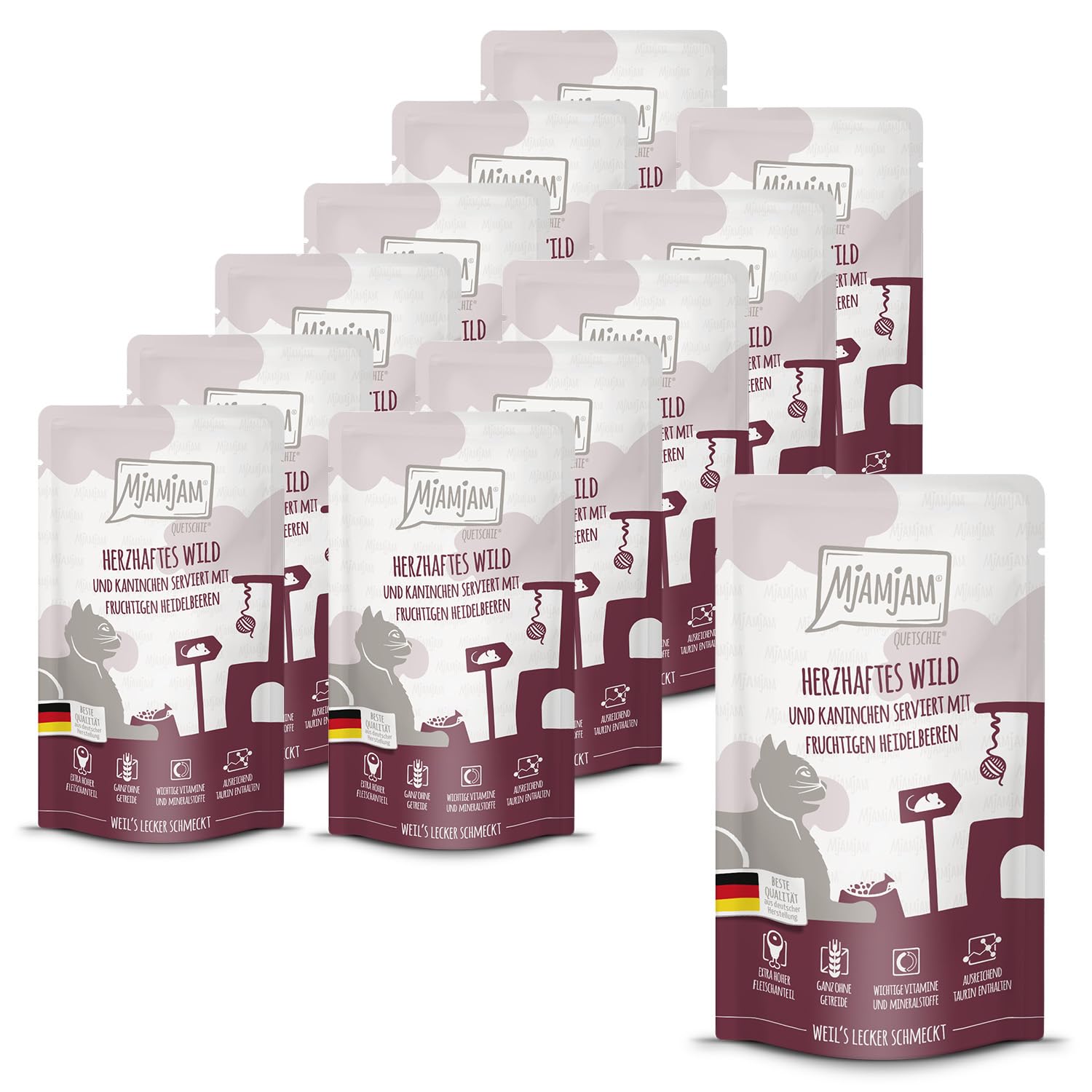 MjAMjAM - Premium Nassfutter für Katzen - Quetschie - herzhaftes Wild & Kaninchen an fruchtigen Heidelbeeren, 12er Pack (12 x 125 g), getreidefrei mit extra viel Fleisch