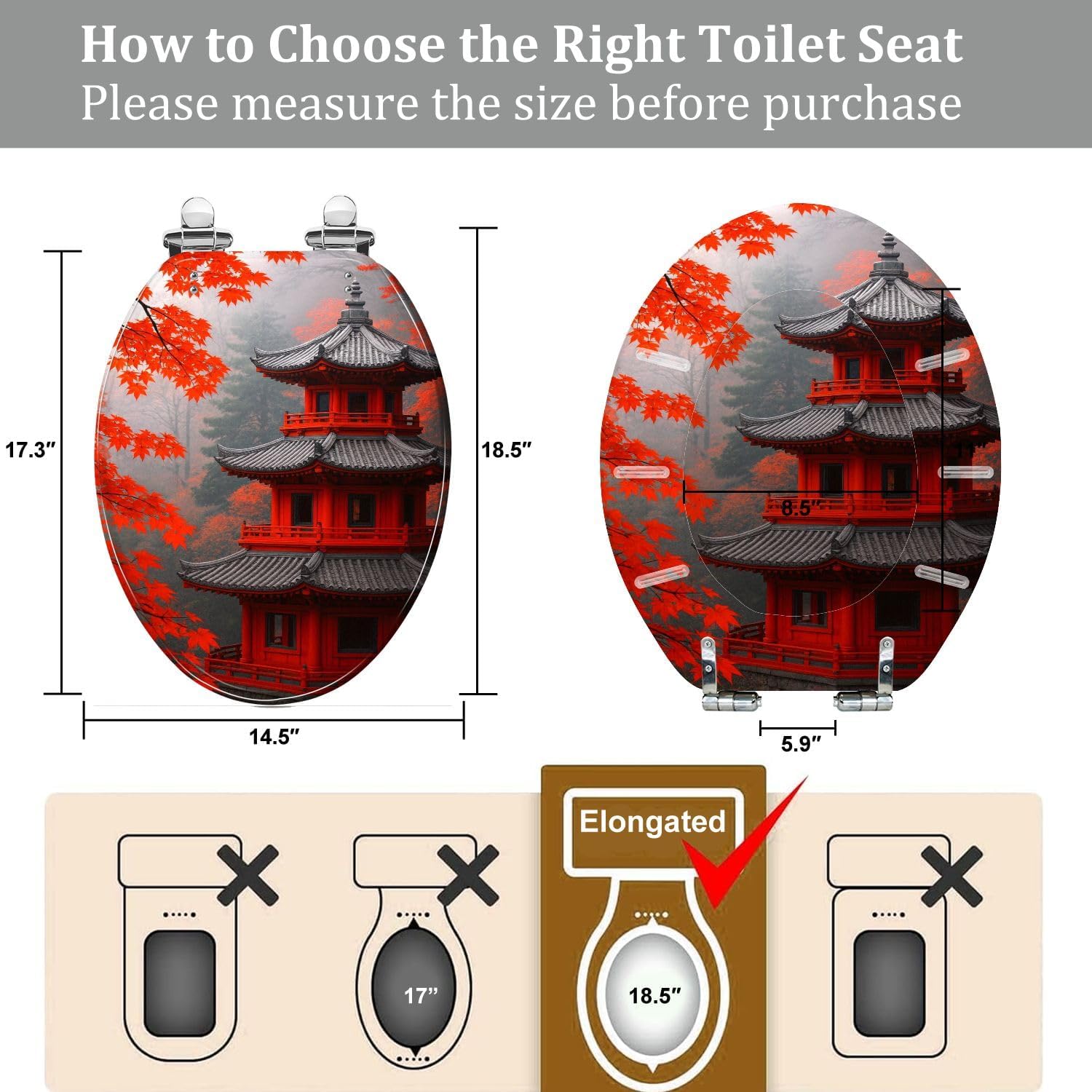 Elongated Decorative Resin Toilet Seat Quiet Close Quick Release Hinges Cover Bumpers Black White Pop Red Japanese Fall Temple Pagoda Maple Easy Install Clean