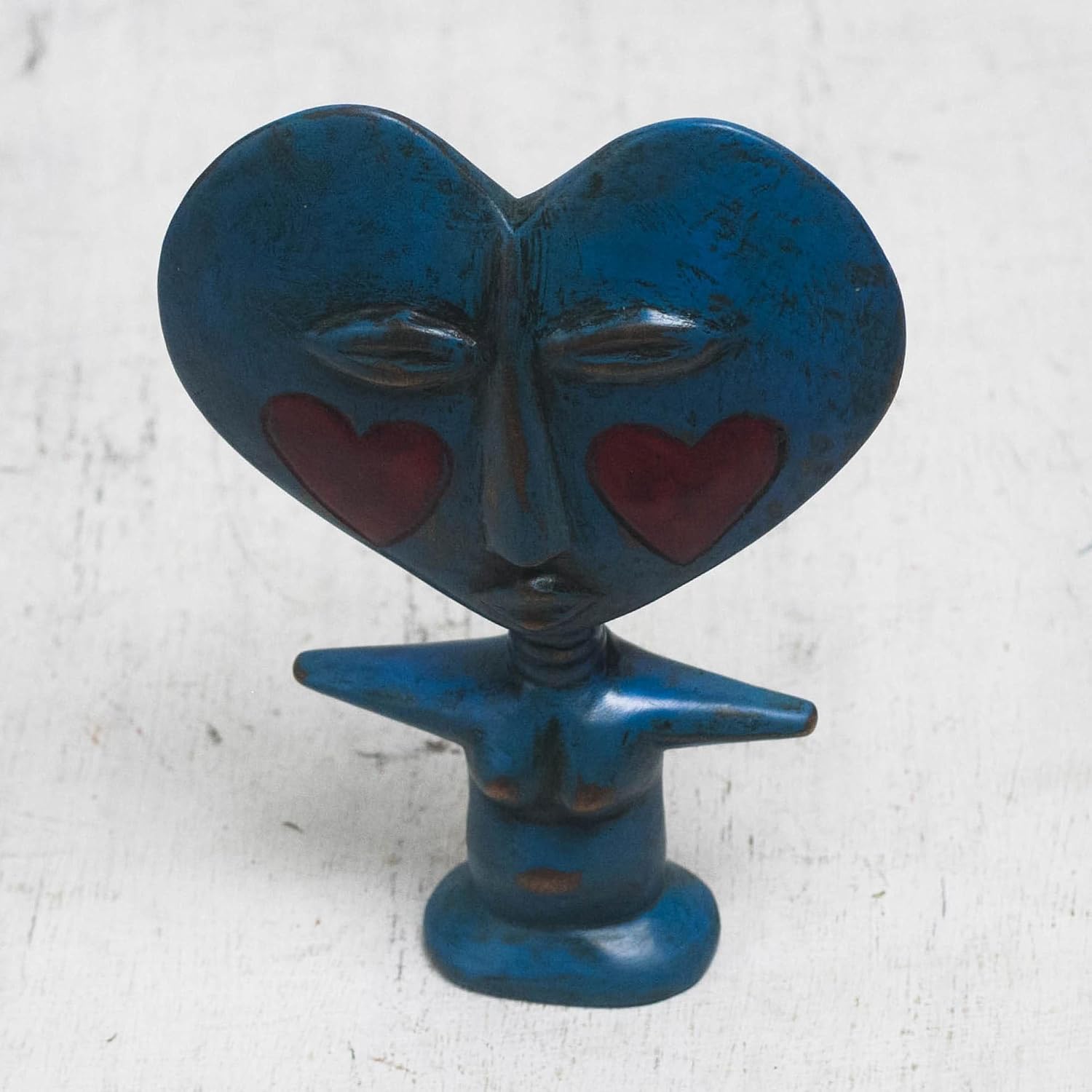 NOVICA Wood Fertility Doll Blue Lover Handcrafted Sese in from Ghana 8in H X 5.75in W X 1.6in D Sculpture Heart Cultural