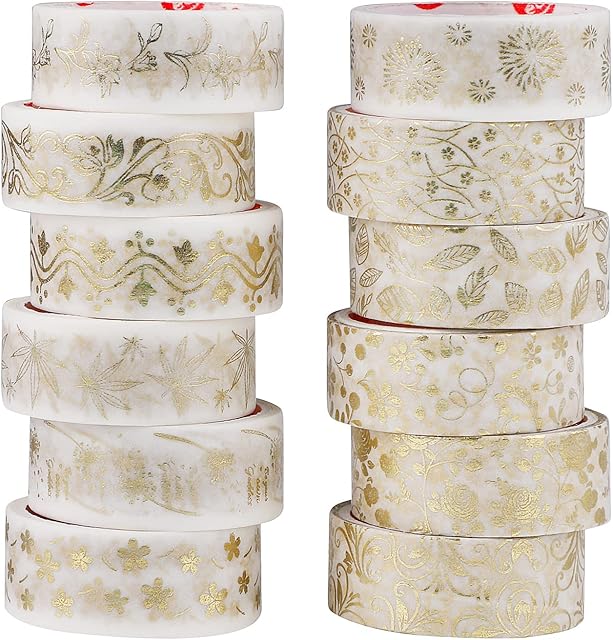 12 Rolls Washi Tape Set,White Gold Foil Japanese Washi Masking Tapes Decorative Masking Tape Pastel Scrapbook Tape for Scrapbooks Decorative Tape Craft Washi Tapes for DIY Craft Decorative 15 mm x 2 m
