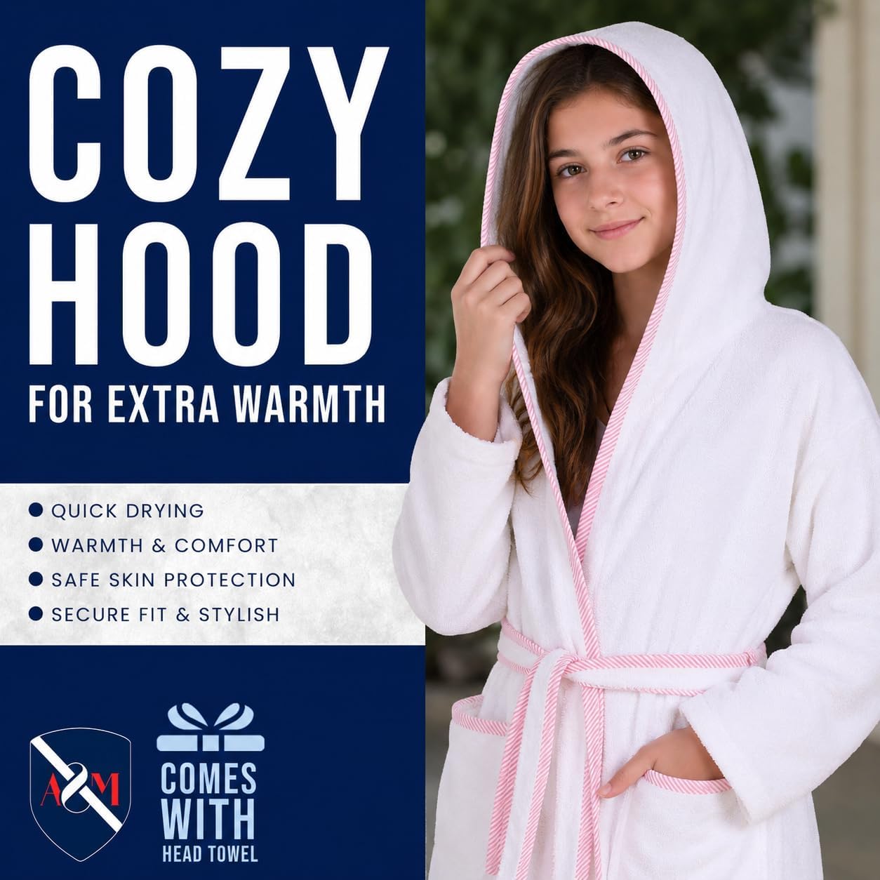 ALLEN & MATE 100% Cotton Kids Bathrobe with Piping – Hooded Towels for Kids, Medium Weight Absorbent Robe for Boys & Girls