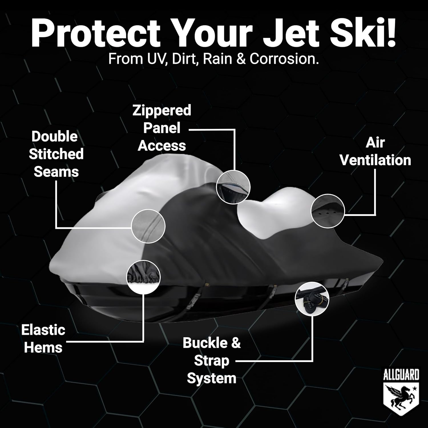 Weatherproof Max Jet Ski Cover, Heavy Duty 600D Marine Grade Polyester, Protects from Rain, Sun, UV & More - Gray/Black (Fits Jet Ski Length: Up to 90")