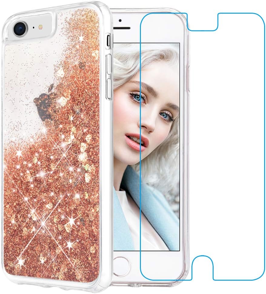 Maxdara Case for iPhone 6S/6 Glitter Case Liquid Floating Bling Sparkle Luxury Shockproof Bumper Pretty Girls Children Case for iPhone 6/6s/7/8 4.7 inches [Tempered Glass Screen Protector] (Gold)