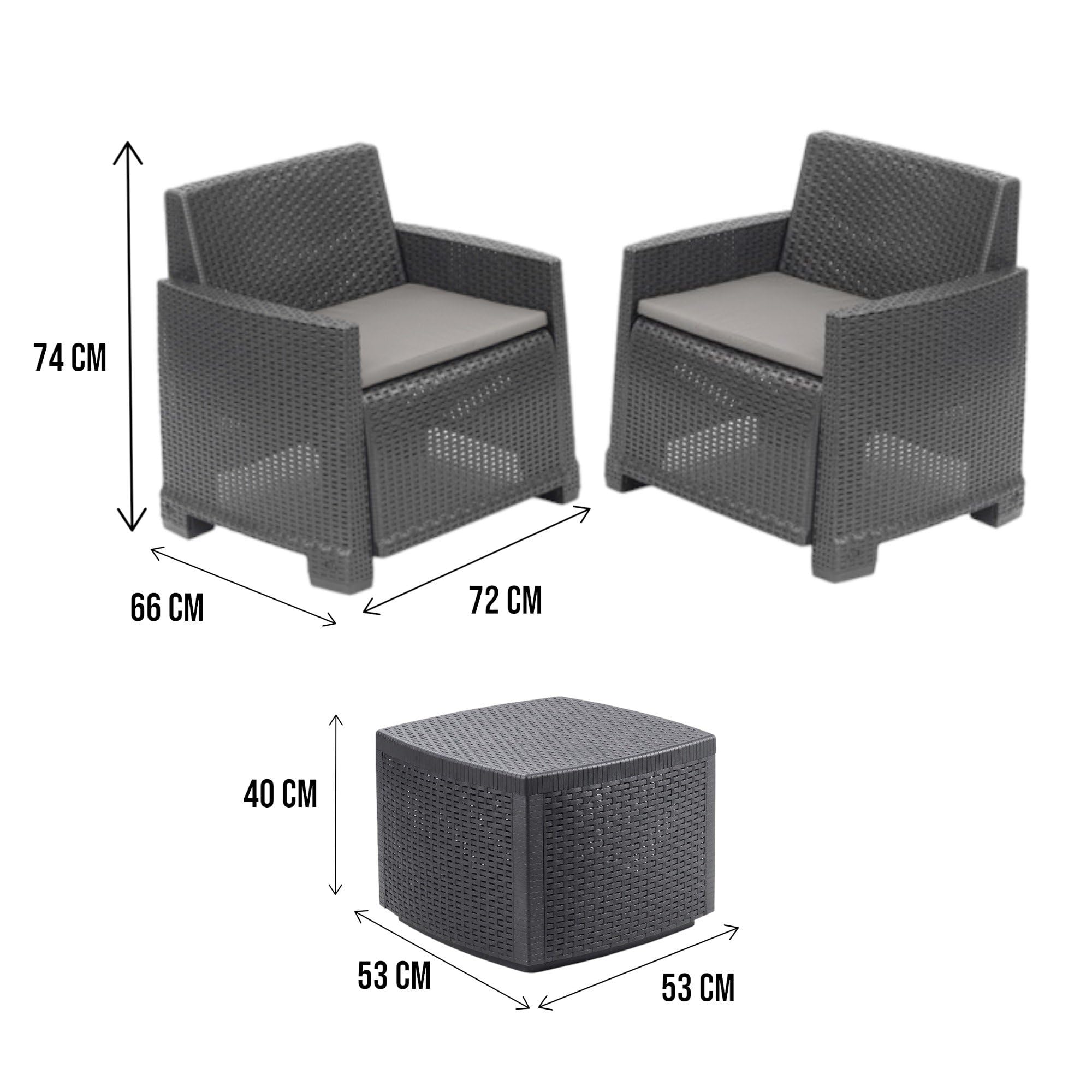 Dmora - Set Salotto da Esterno Laigueglia, con 2 poltrone e 1 tavolino, Effetto Rattan, 100% Made in Italy, Antracite
