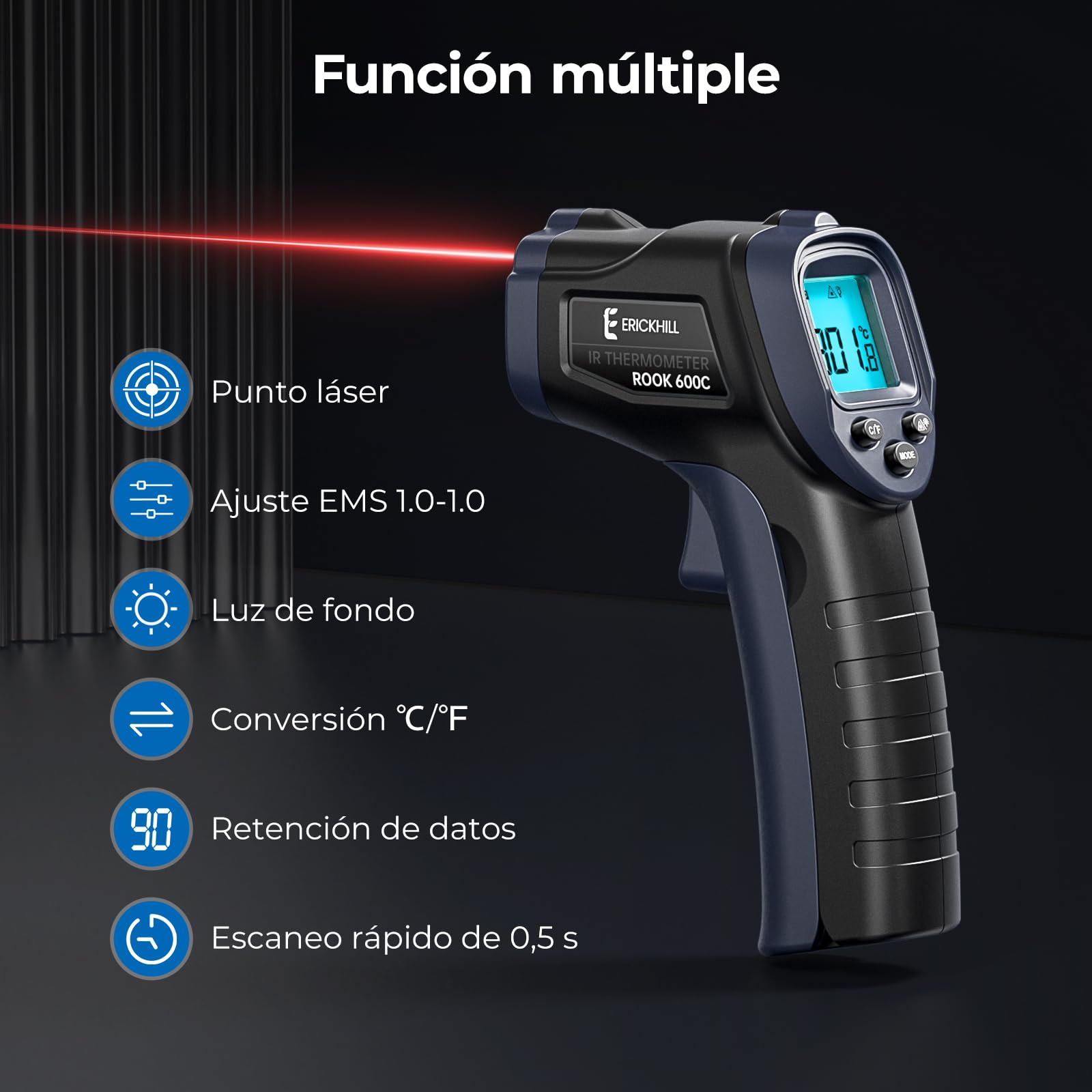 ERICKHILL Termómetro infrarrojo -50°C~600°C Pistola láser sin contacto LCD Pantalla retroiluminada Emisividad ajustable