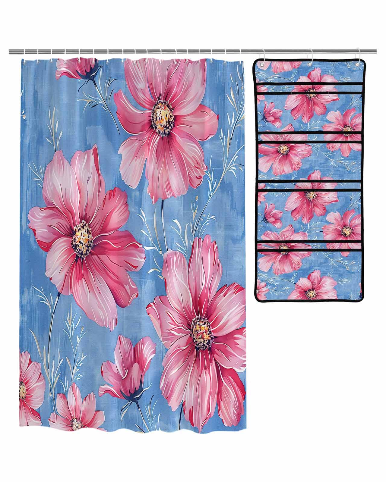 ZFUNCING Shower Curtain Mesh Shower Organizer Set Watercolor Floral Garden Plant Waterproof Bath Curtains Hanging Shower Caddy Bathroom