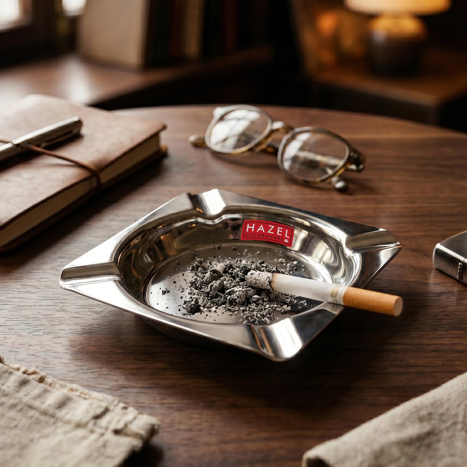 HAZEL Square Stainless Steel Ash Tray | Heavy Duty Smoke Ashtray with 4 Cigarette Holders | Compact 10.7 cm Metal Ashtray for Home, Office & Outdoor Use-image-25
