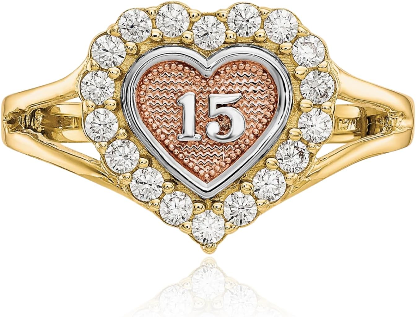 IceCarats 10K Solid Two Tone Gold Cubic Zirconia Heart Statement Halo Ring 2mm Slim Band Round Cut, Prong Set