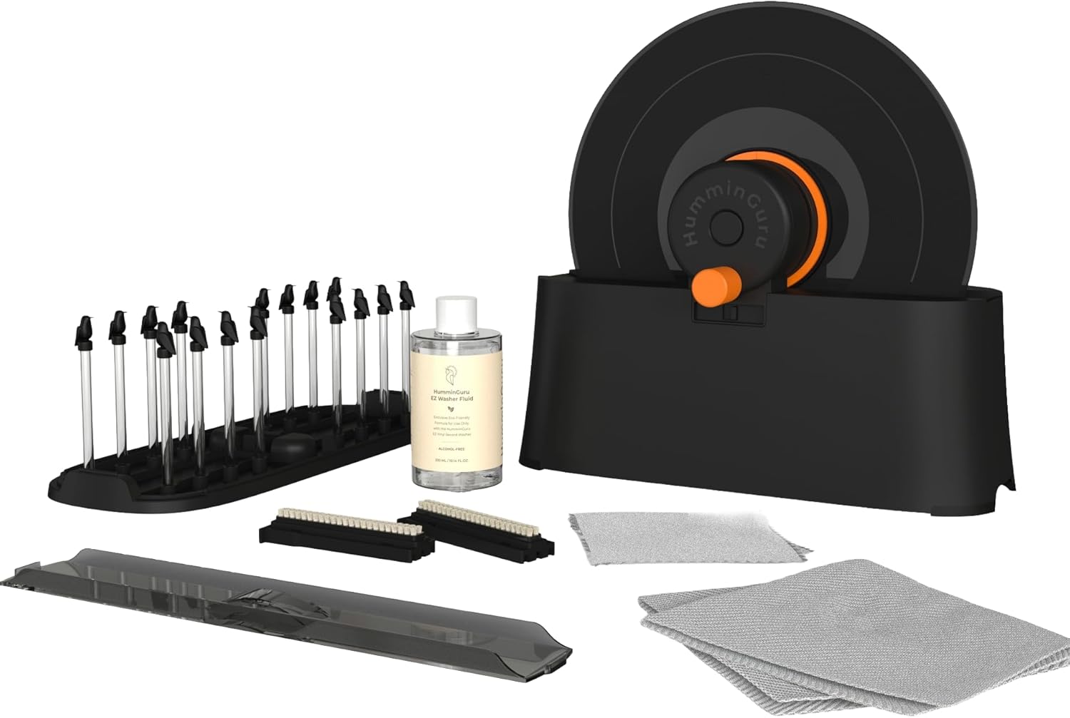 HumminGuru EZ Record Washer, Manual Vinyl Record Cleaner Machine with Easy Spin & Watertight Label Clamp, Record Cleaning Kit with Gentle Goat-Hair Brushes, Alcohol-Free LP Fluid, Drying Rack & Cloth