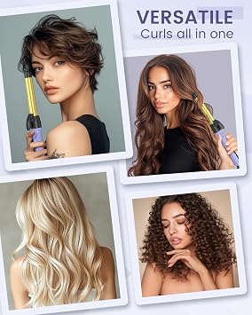 Rotating Curling Iron Set for Long Hair, Automatic Curling Wand Easy to Use Get Beach Waves 3 Interchangeable Ceramic Barrels 0.75 1 1.25, 5 Heat Settings up to 430F, Dual Voltage