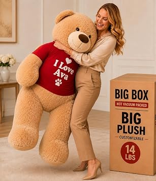 Big Plush Giant 5 Foot Customizable Teddy Bear Hand-Stuffed in USA, Personalized & Ready to Hug in Big Box - Customize Its T-Shirt, Neck-Ribbon and Heart Pillow with Your Text - Add a Zipper Pocket