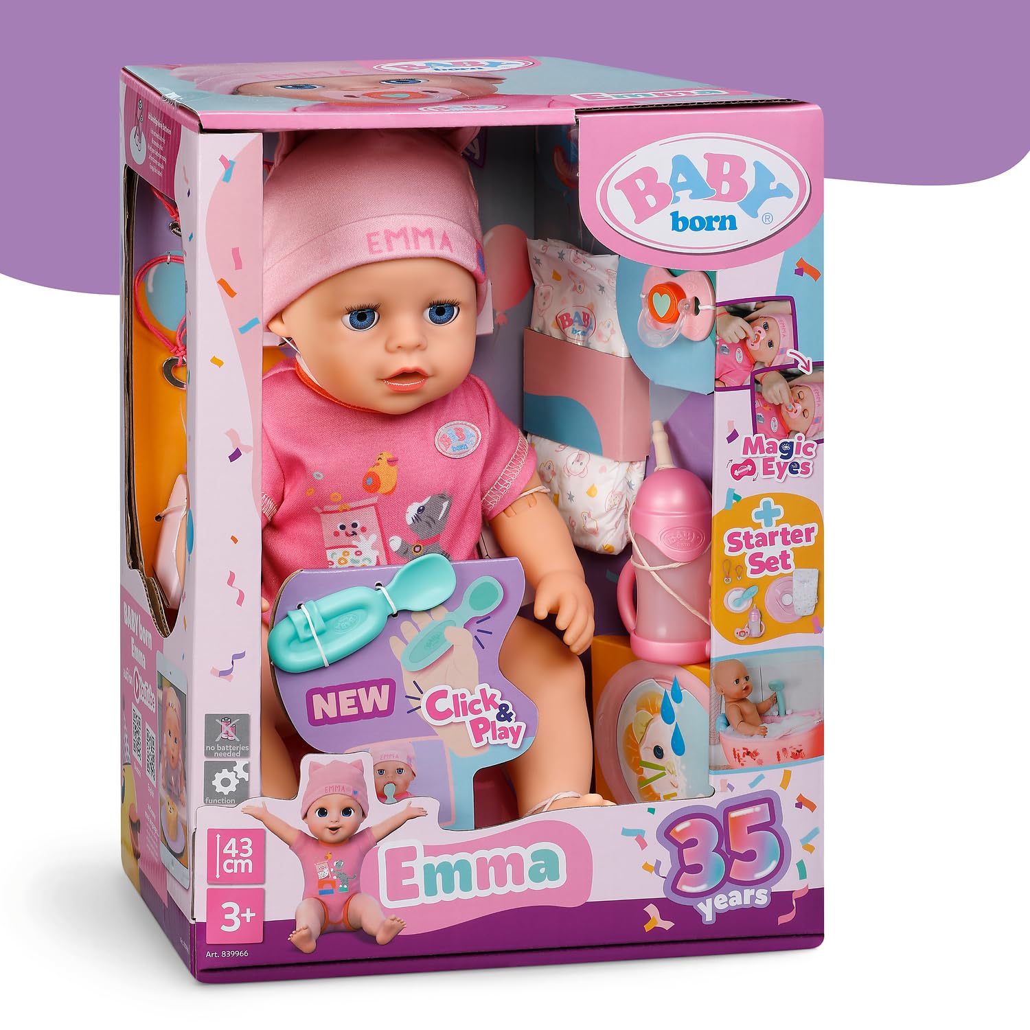 BABY born Emma, z funkcją Click & Play – lalka niemowlęca 43 cm z 10 funkcjami i akcesoriami, działa bez baterii
