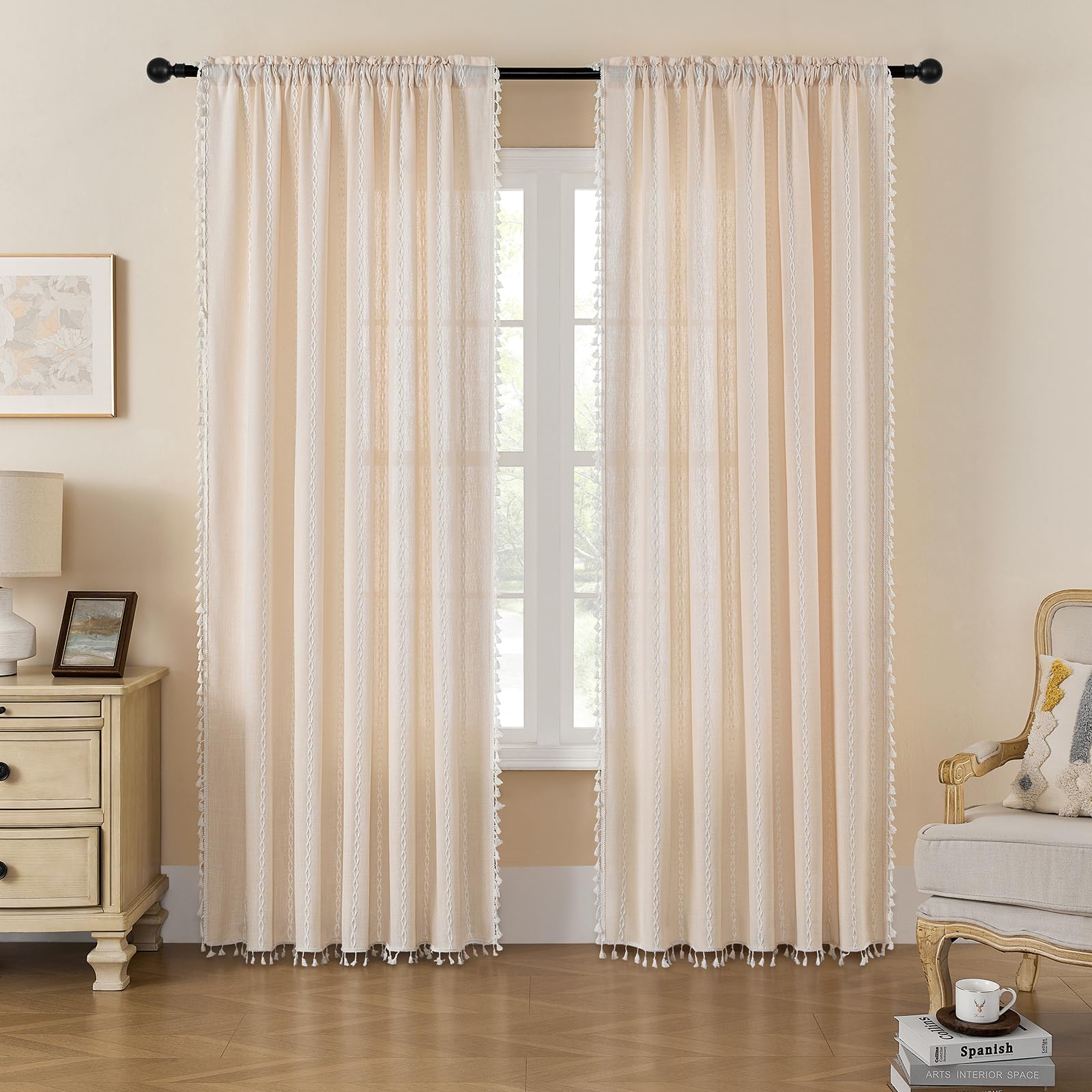 MitoVilla Cream Boho Linen Bedroom Curtains 84 Inch Length 2 Panels Set, Beige Farmhouse Cotton Curtains for Living Room, Bohemian French Country Window Curtain Tassel Draperies, 52’’W x 84’’L — image 1
