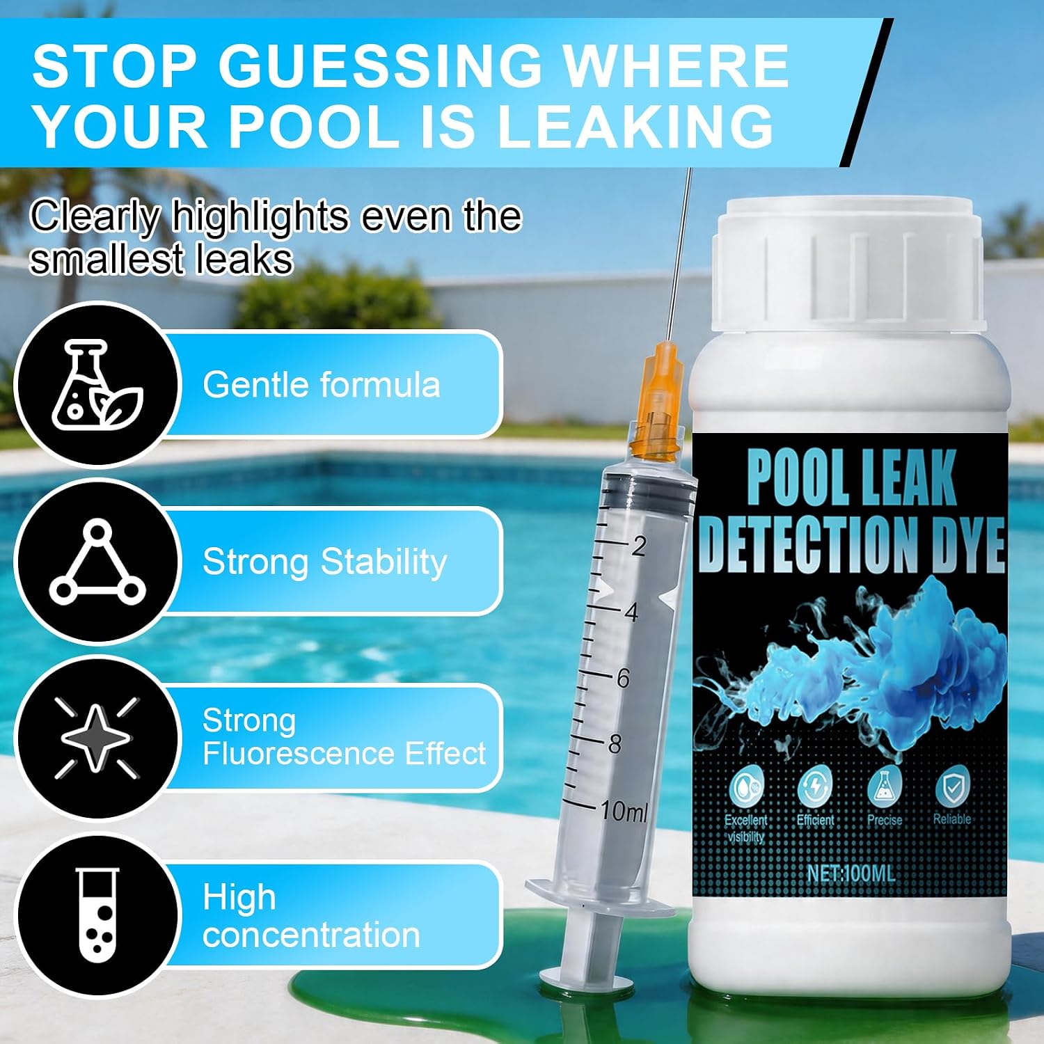 Blue Pool Leak Detection Dye Kit, Easily Locate The Leak Point | 100ML Pool Liner Leak Detection Kit with 2 Precision Dispensing Strong Fluorescence Effect for All Pools, Spa & Hot Tub Types