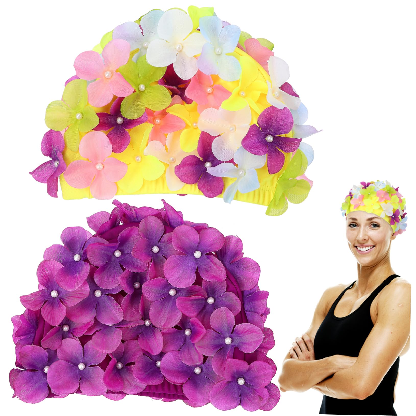 Abaodam 2 Pezzi Cuffie da Nuoto Floreali, Swimming Cap in Nylon Elastiche e Traspiranti, Stile Elegante per Nuoto e Spa, Vestibilità Confortevole